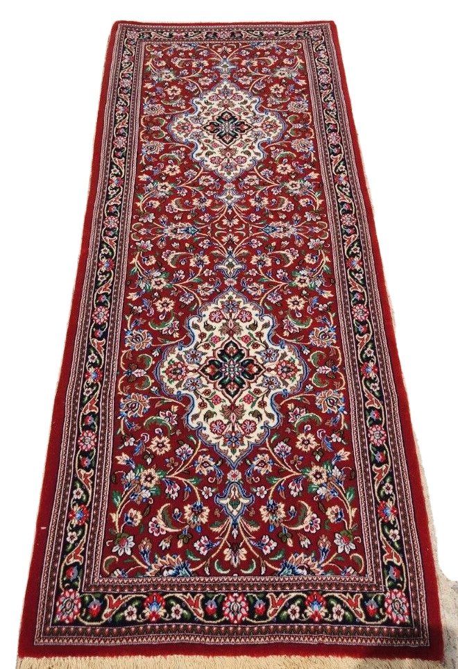 2’7″X6’4″ HAND-KNOTTED ORIGINAL PERSAN TABRIZI QOUM VINTAGE WOOL RED RUG RUNNER