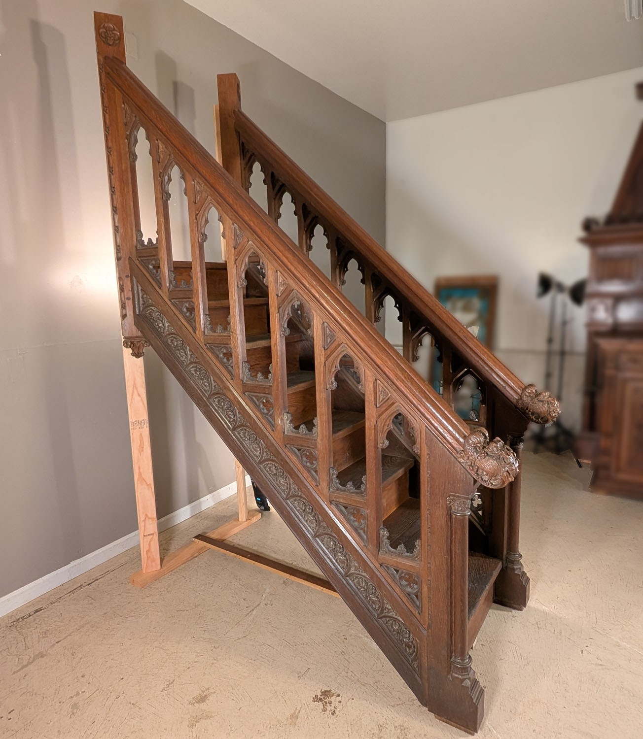 Belgian Antique Gothic Oak Staircase w/ Handrails Architectural Salvage