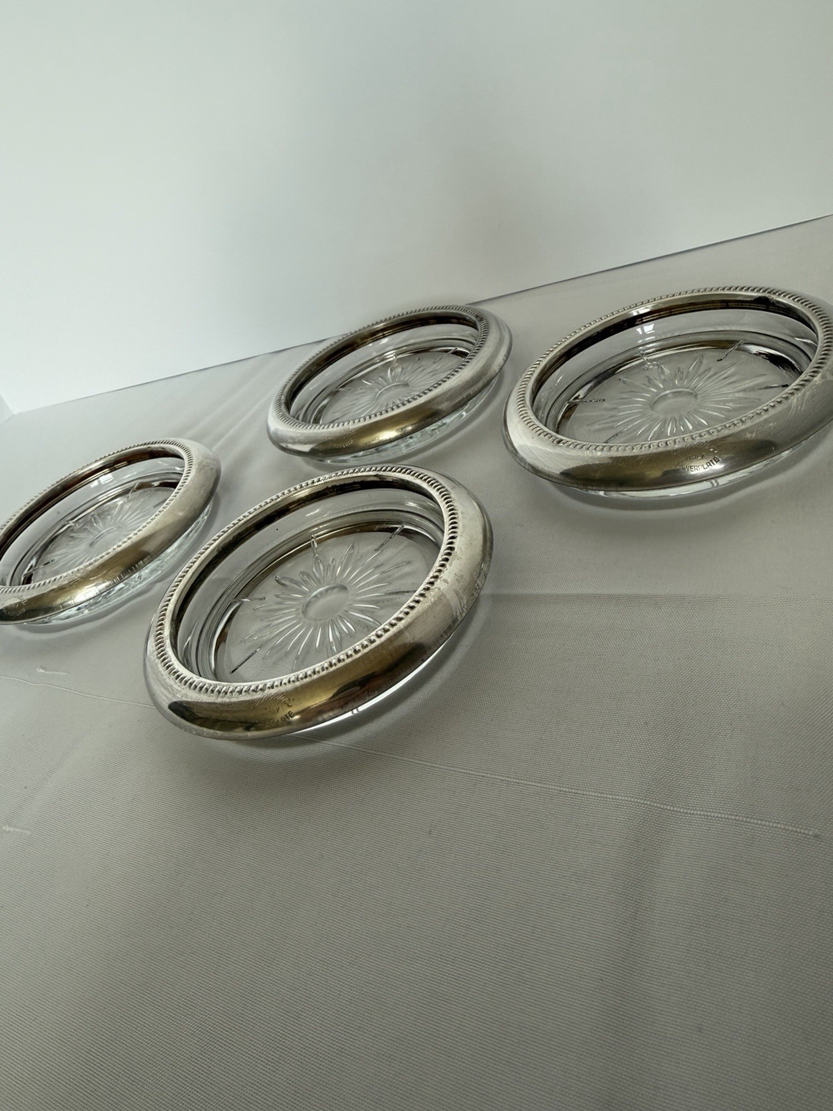 Vintage Leonard Italy Silverplate Glass Coasters Set of 4 Elegant Tableware