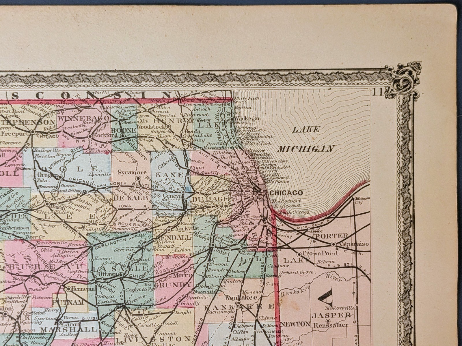 1872 Illinois Railroad Map Warner Beers Antique Atlas Chicago Railroads Original