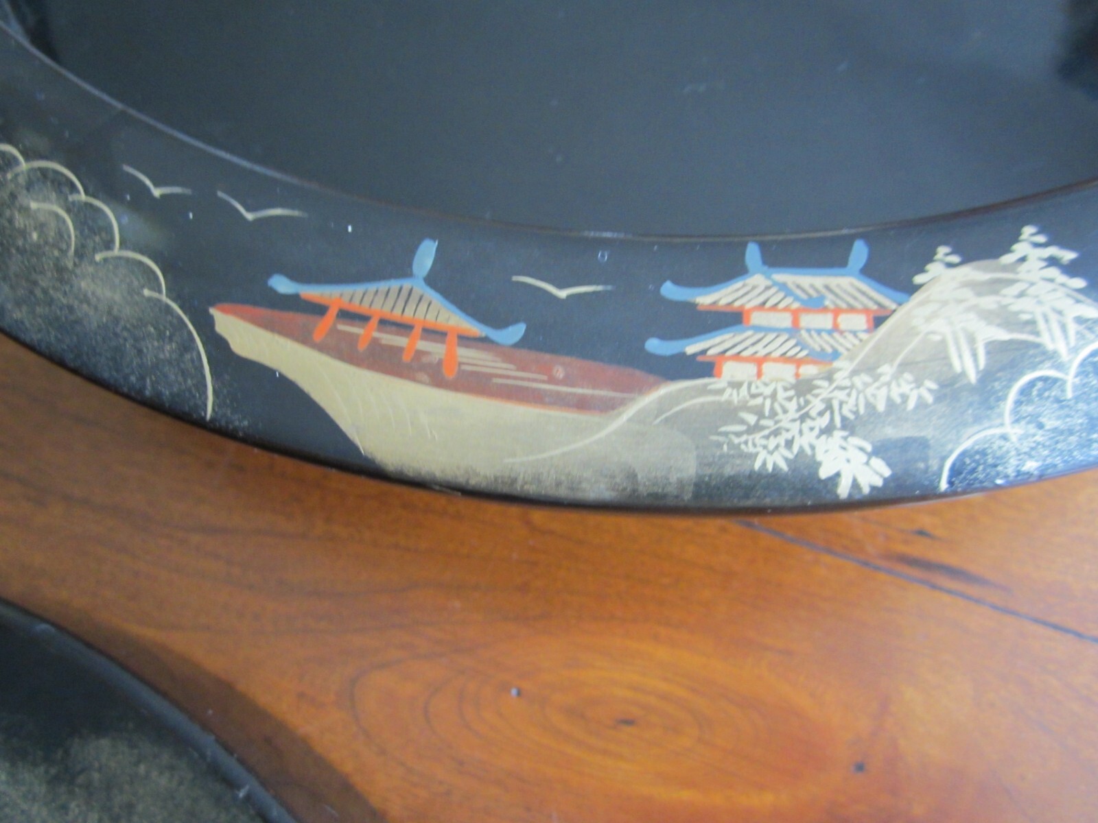 Japan Black Rotating Serving Tray Hand Painted Lazy Susan Secret Hidden Message!
