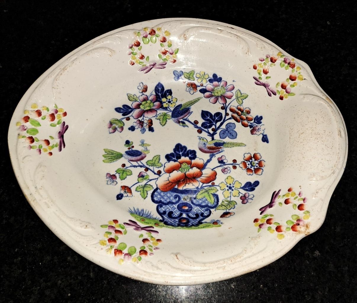 Vibrant Regency John Ridgway Ironstone Dessert Plate with Exotic Birds & Wreaths