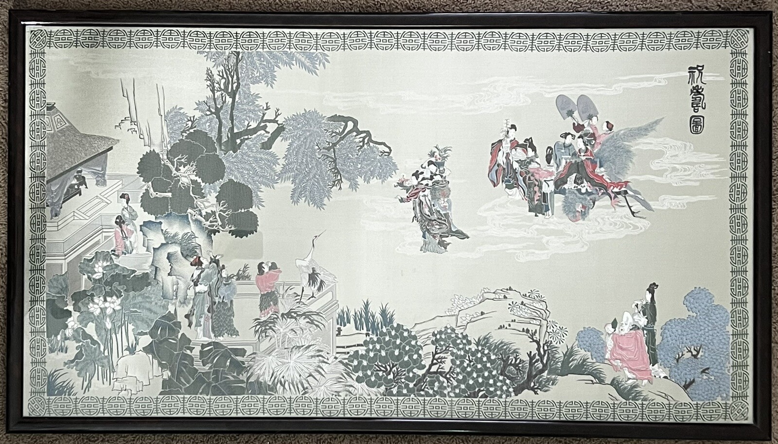Mid 20th c Asian Woven Fabric Embroidery Panel Celadon Green Framed