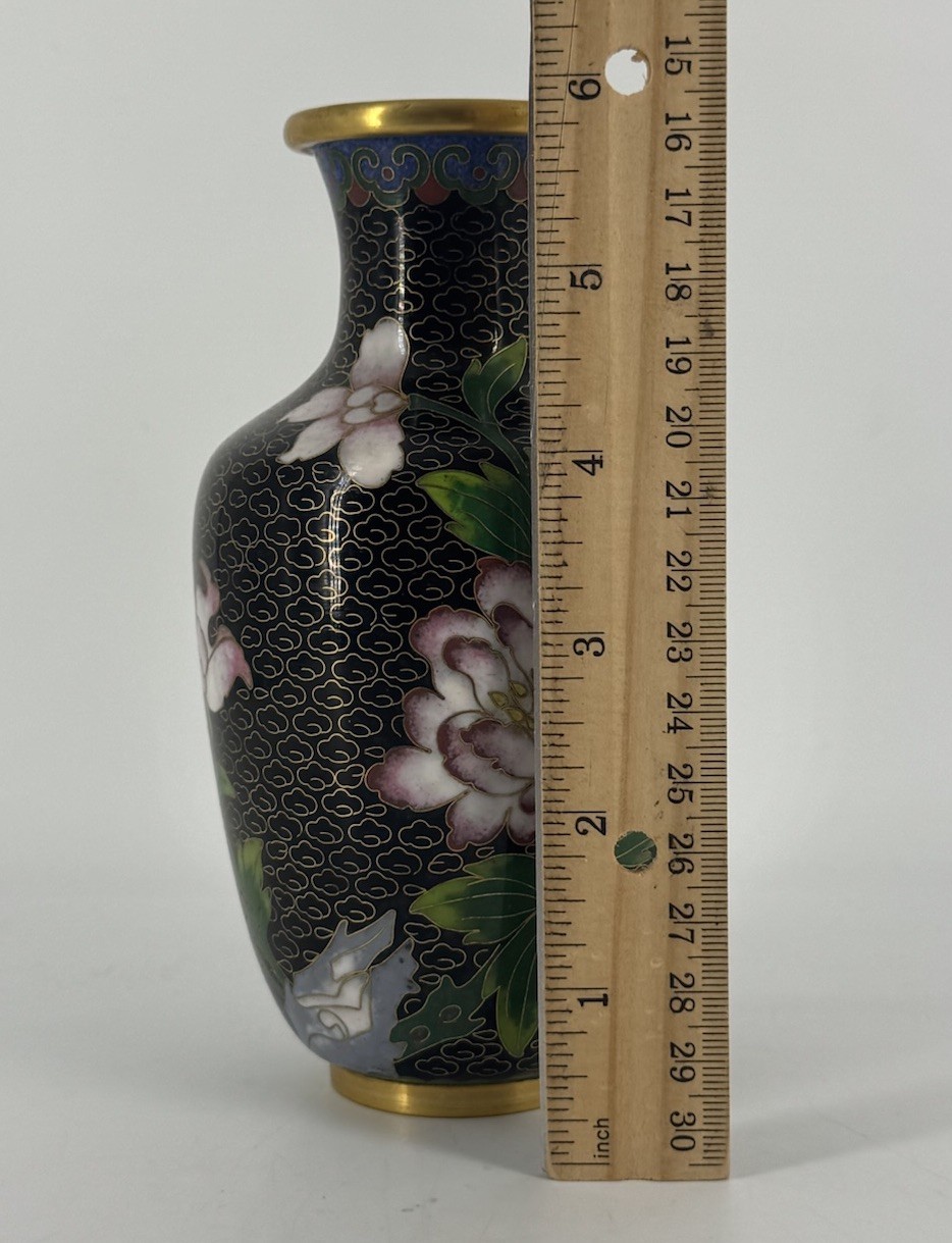 Vintage Cloisonné Vase Chinese Copper Black Pink Enamel Floral Peony Butterfly