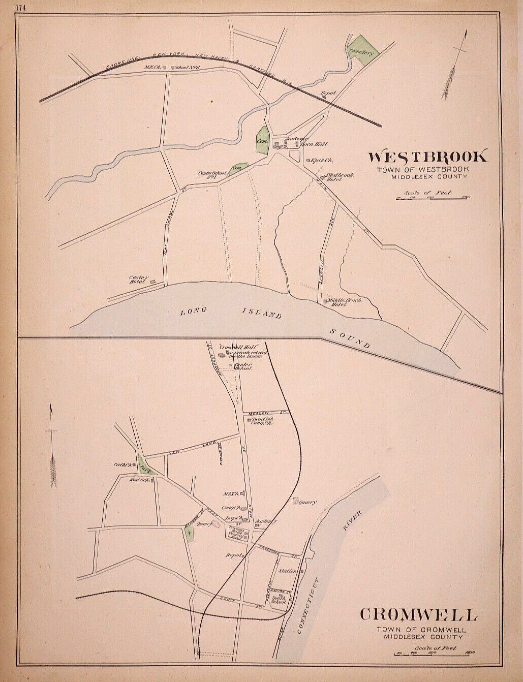 1893 Plat Map WESTBROOK – CROMWELL, CT / CHESTER – ROCK FALLS on Reverse
