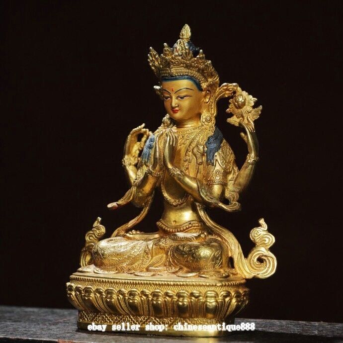7.8″ Old Nepal Bronze Gild Painting 4 Arms Kwan-yin Chenrezig Buddha Statue
