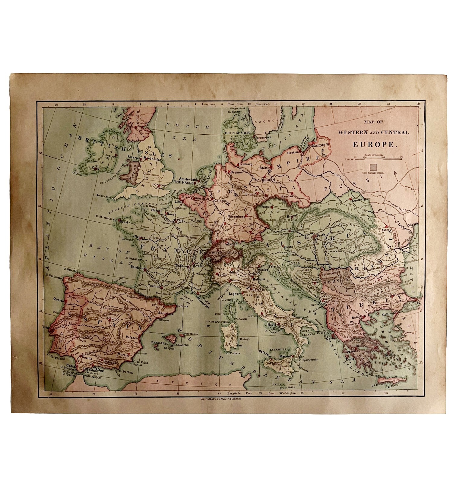 1879 Map Europe Western And Central Victorian Geography 1st Edition DWAA9