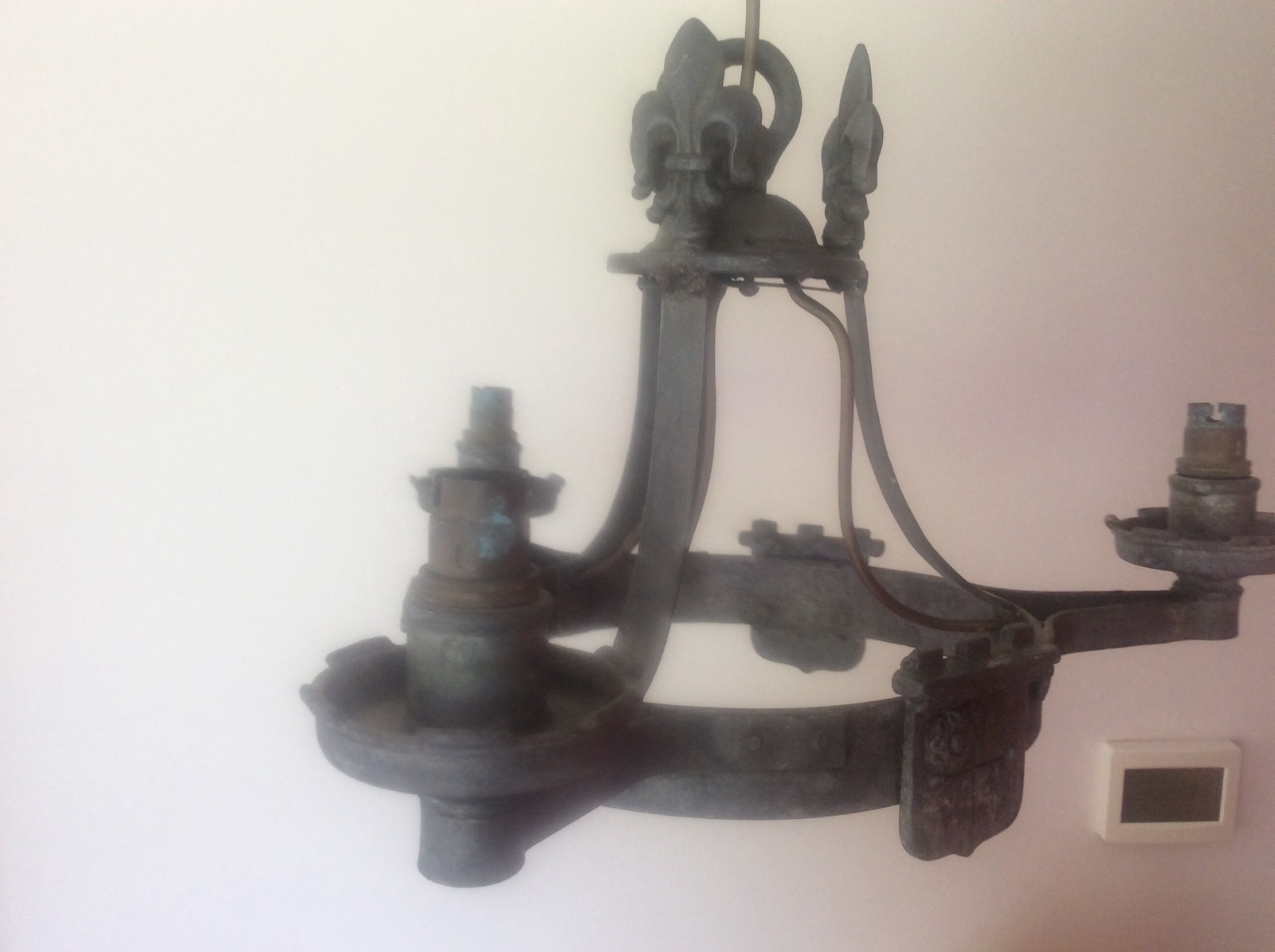 Gothic Chandelier Ceiling Light c19th Antique Pewter Arts & Crafts Fleurs De Lys