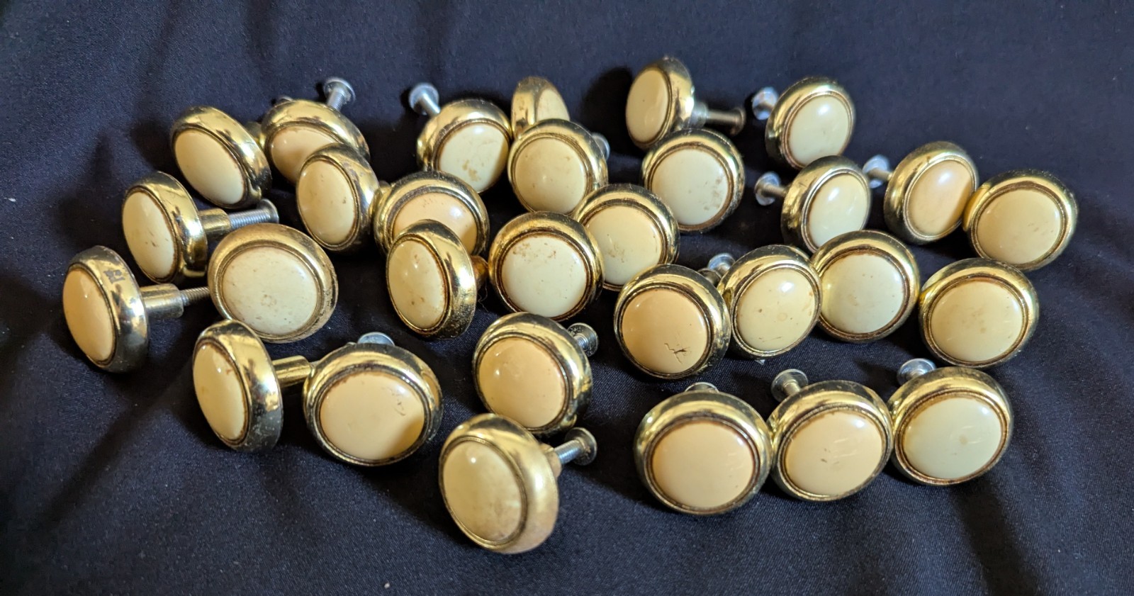 Vintage 1970s Cabinet Drawer Pulls Lot Of 30 Brass Ivory Knobs With Screws
