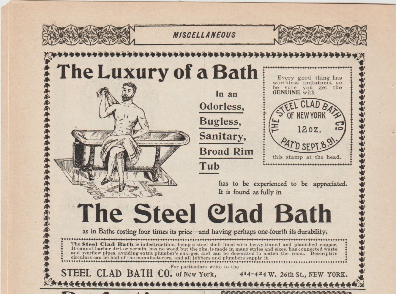 1896 STEEL CLAD BATH AD-NAKED MAN DRYS OFF-GAY INT.