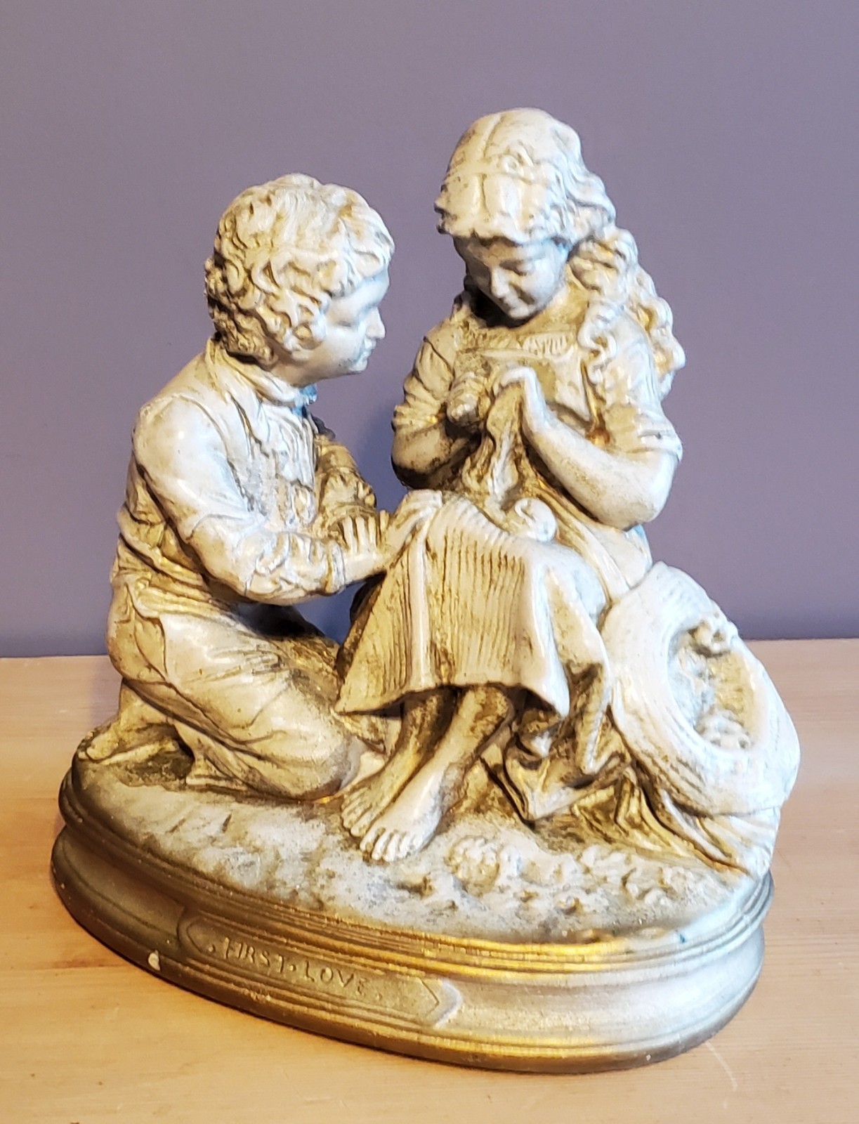 * FIRST LOVE young boy & girl Courting Sculpture chalkware antique Victorian
