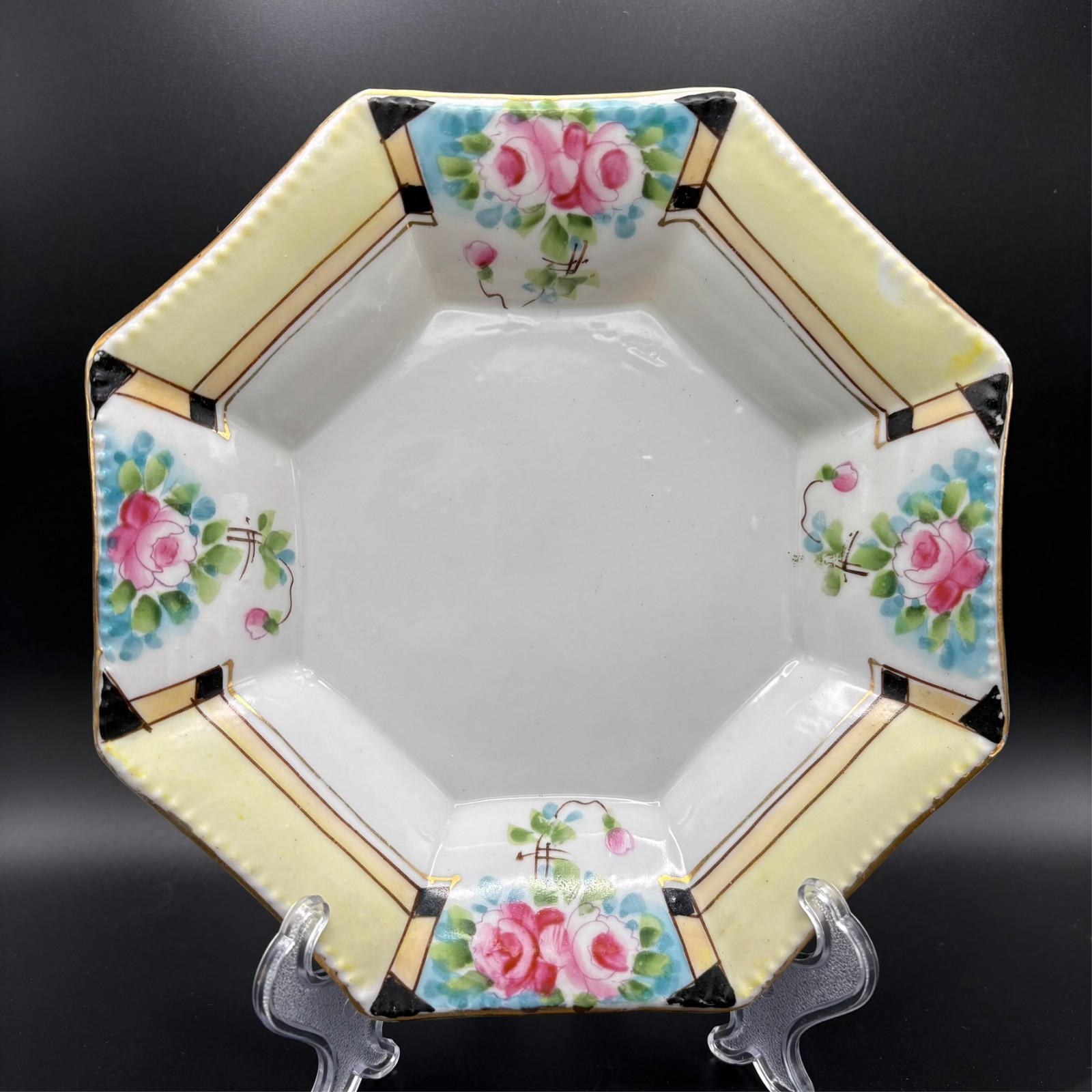 Antique Nippon Hand Painted Pink Roses Black Gold Geometric Blue Octagonal Plate