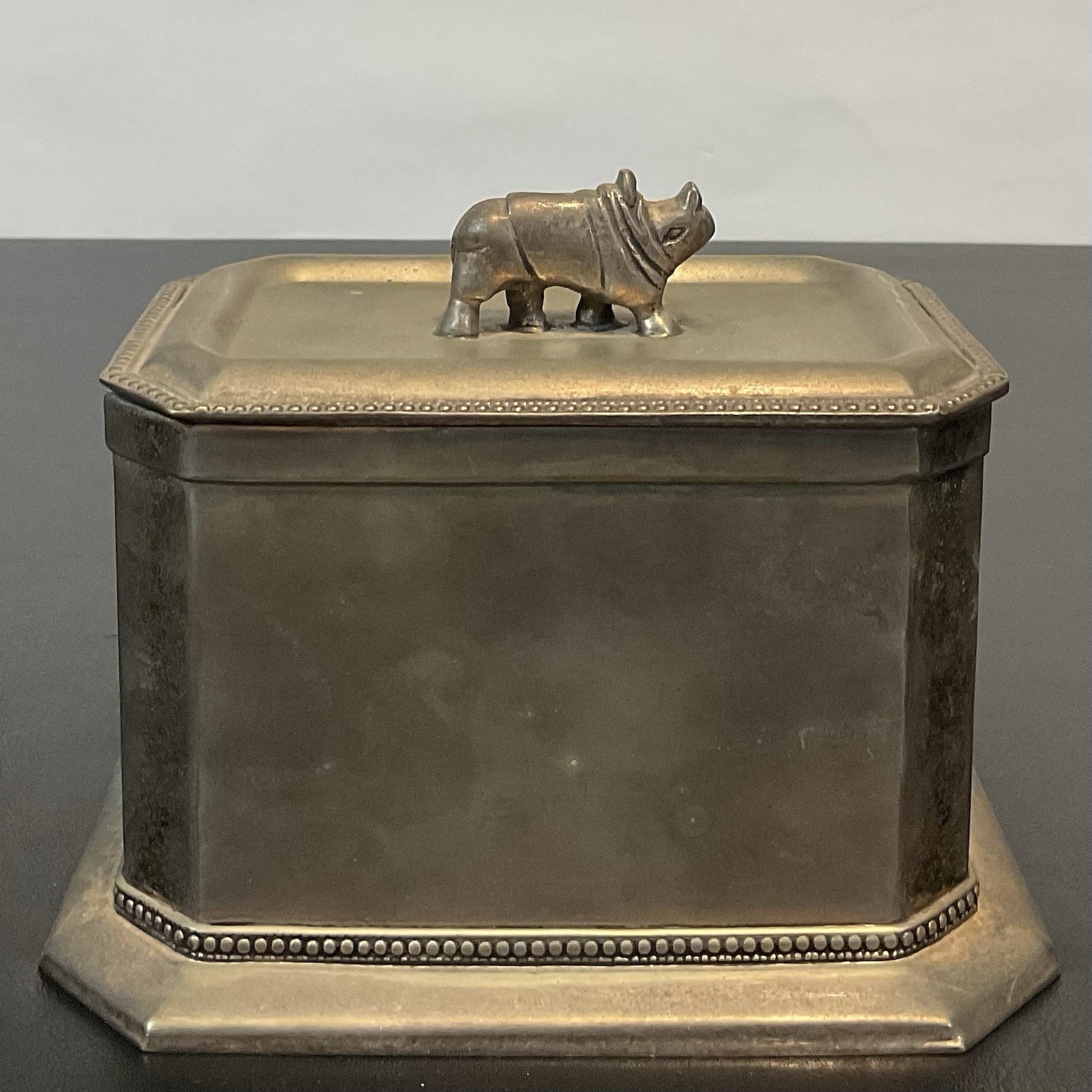 Antique Victorian Silver Plate Tea Caddy Rhino Finial Figural Safari Box Casket