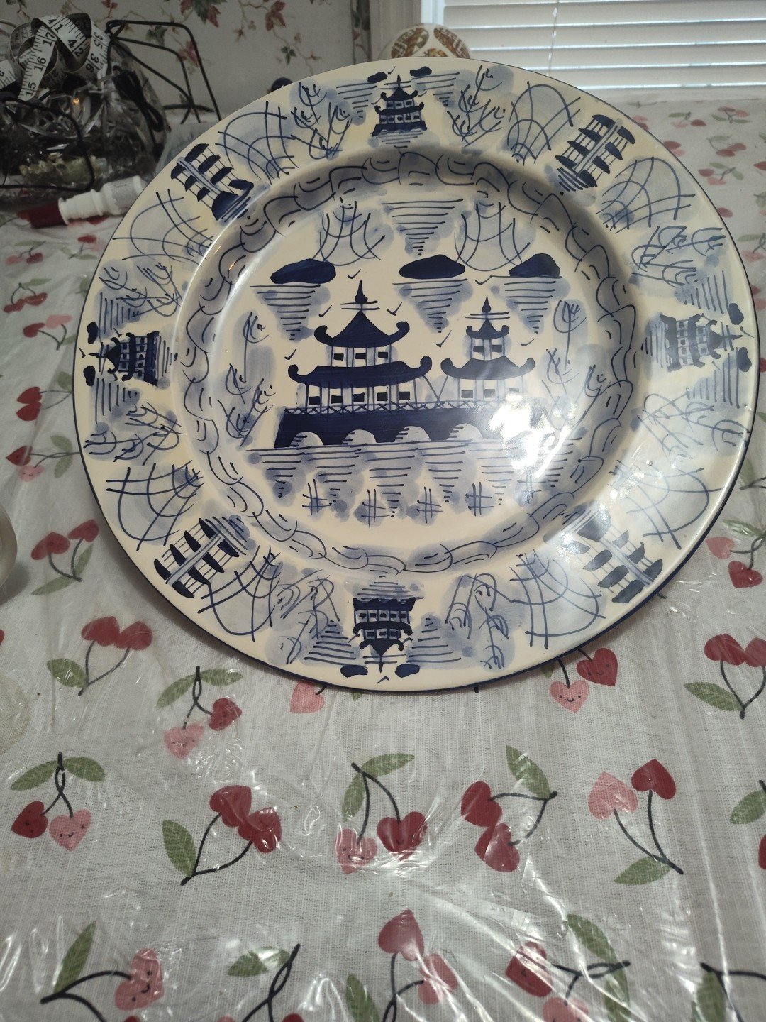 19th Century Chinese Canton Blue & White Porcelain Pagoda Motif Plate 14.5