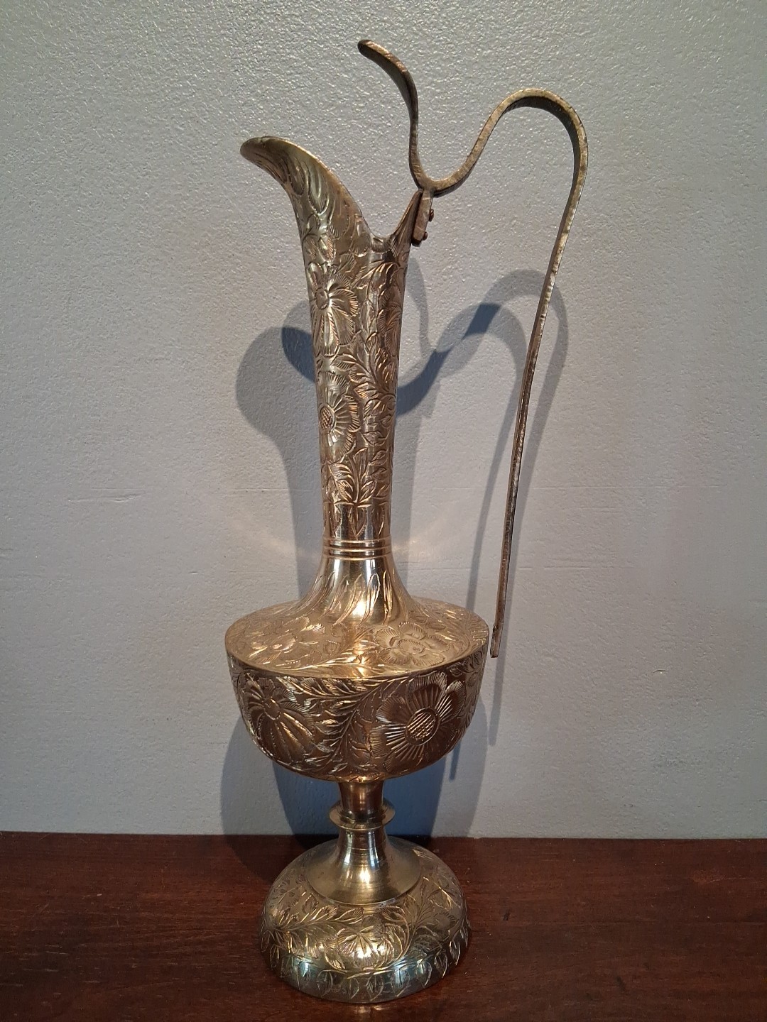 Vintage Brass Floral Engraved Decorative Pitcher Jug with Handle Made In India