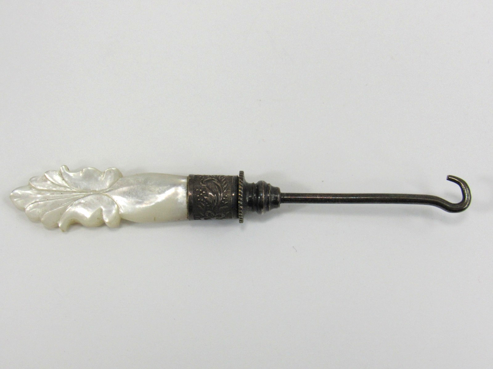 Antique Victorian Button Hook Glove Hook Silver w/ Carved Mother of Pearl Handle
