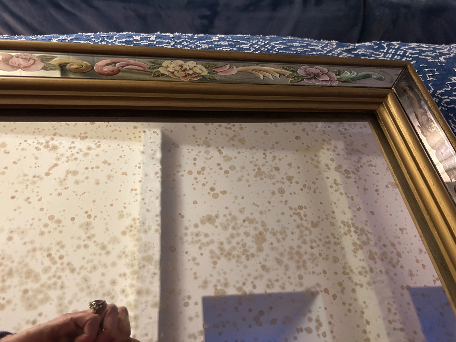 Italian 1940s Verre Eglomise Reverse Painted Mirror floral easel style AS IS
