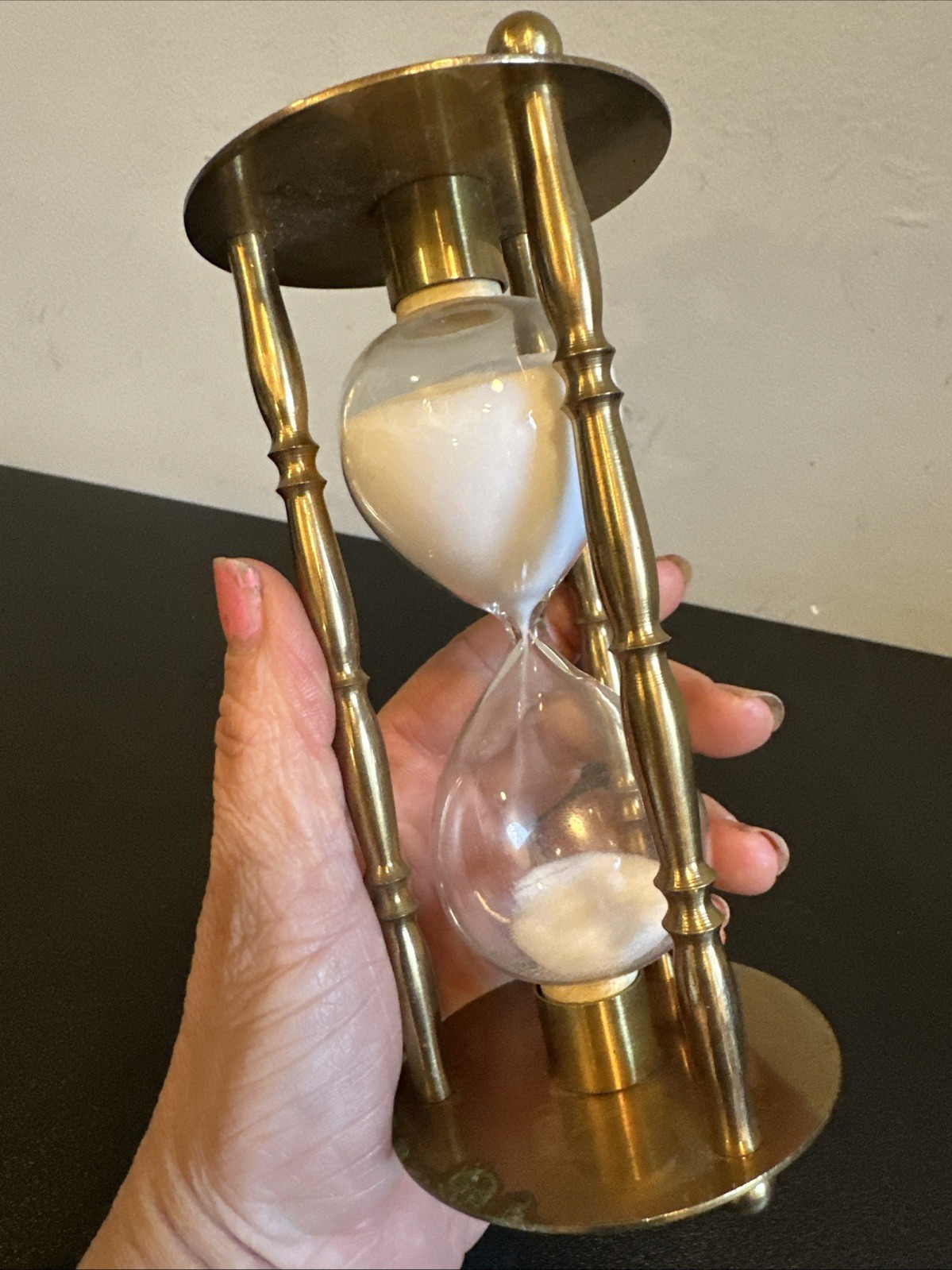Vintage Gold Tone Brass Hourglass Timer Penco? Decorative Brass Glass White sand