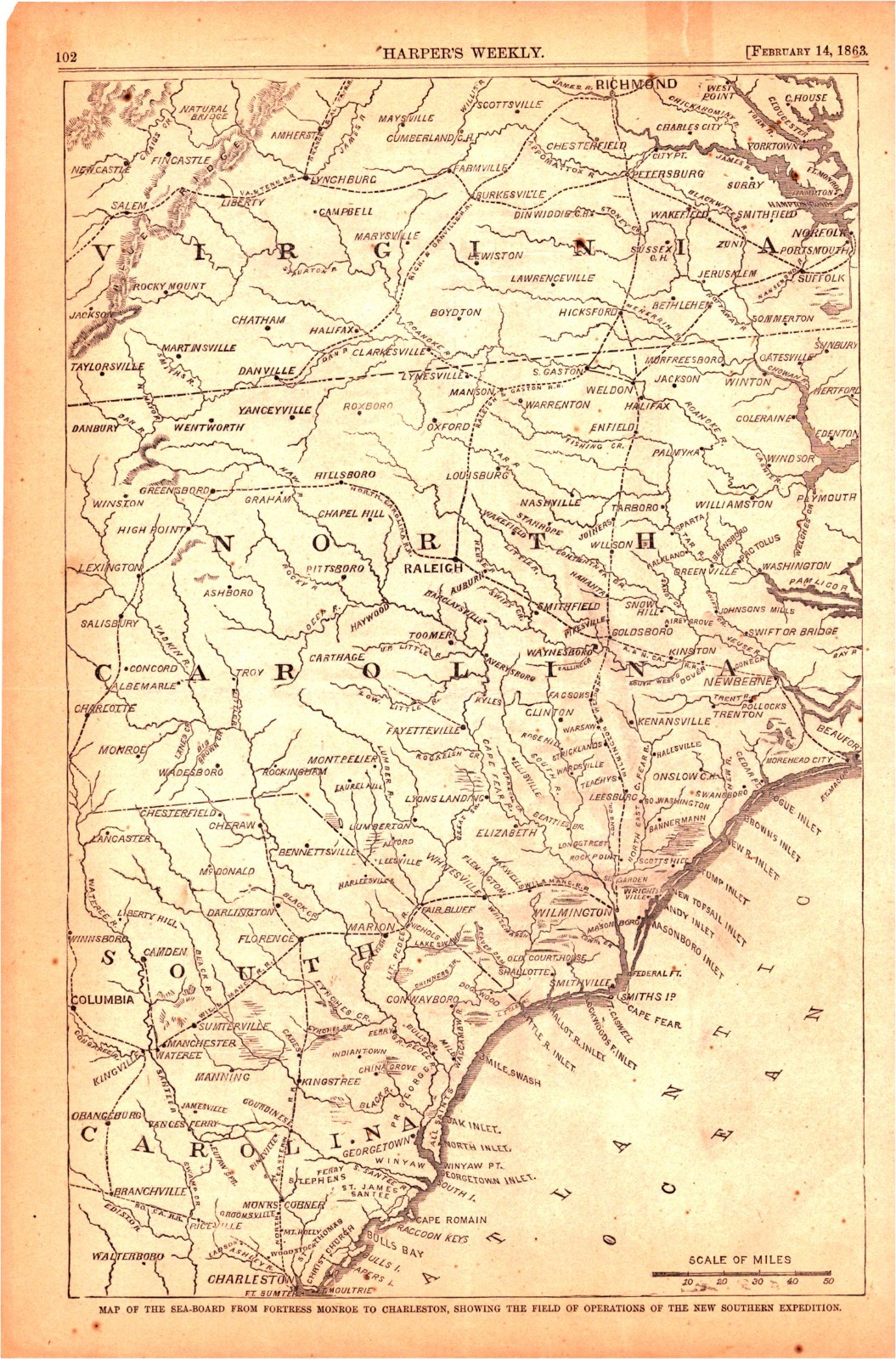 Civil War Seaboard Operations from Virginia to South Carolina Antique Map 1863