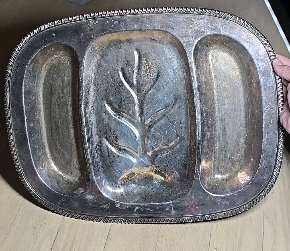 Vintage Silver Plate Divided Meat Serving Tray 13.75″ x 17.75″ Marked