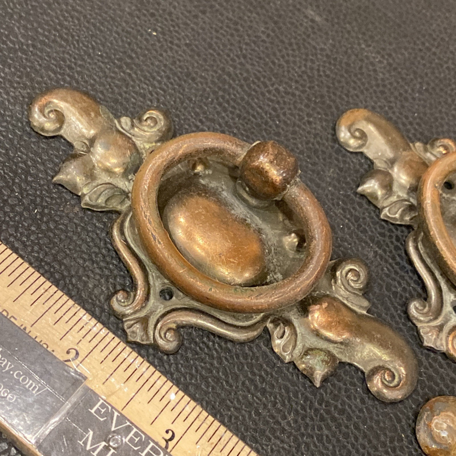 Lot 3 Antique Nouveau Scroll Copper Loop Handle Drop Bail Drawer Pulls Hammer On