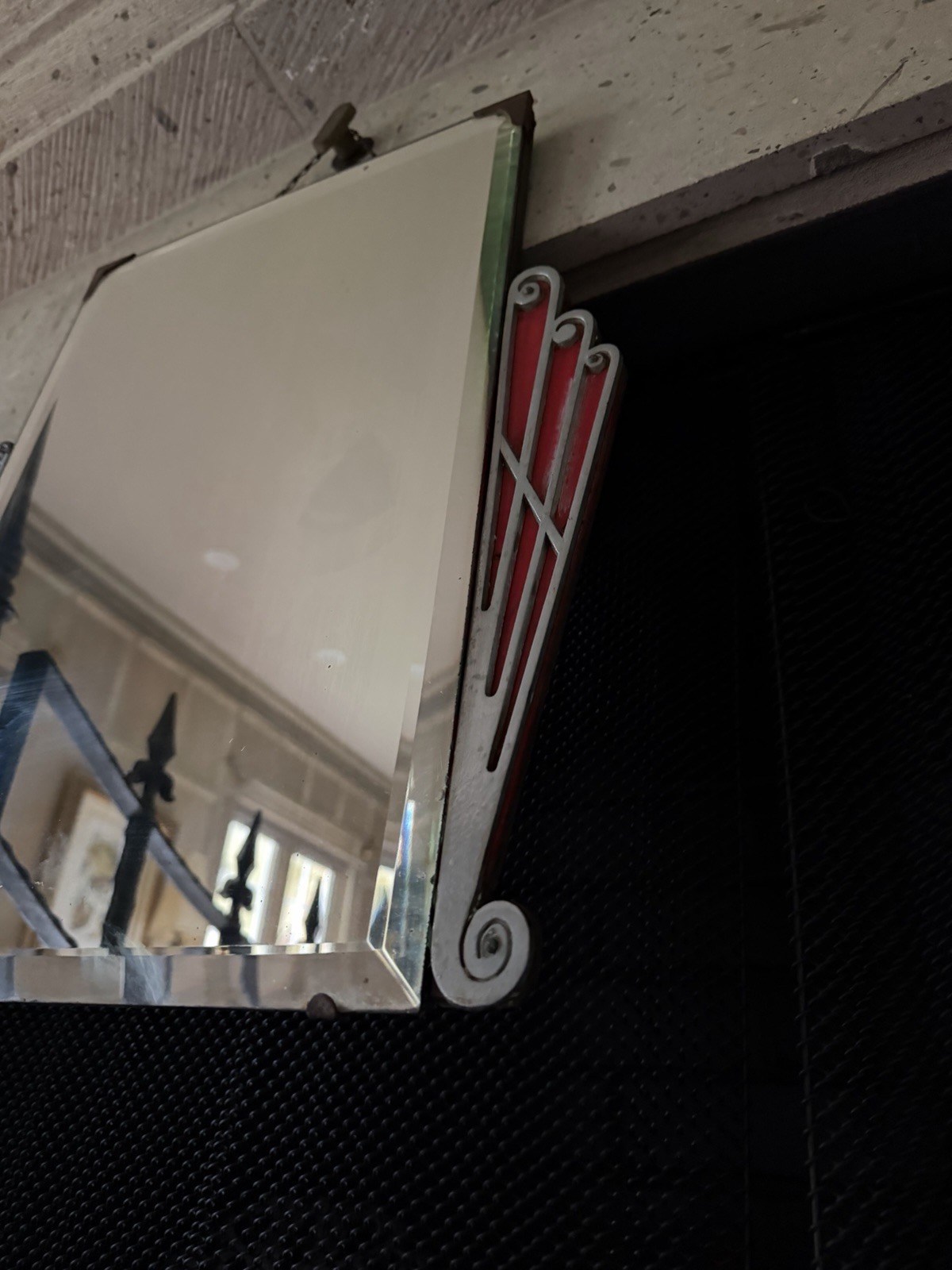 Rare 1930s Art Deco Red 18” Rectangle Hanging Wall Mirror Sunburst Fan Scroll