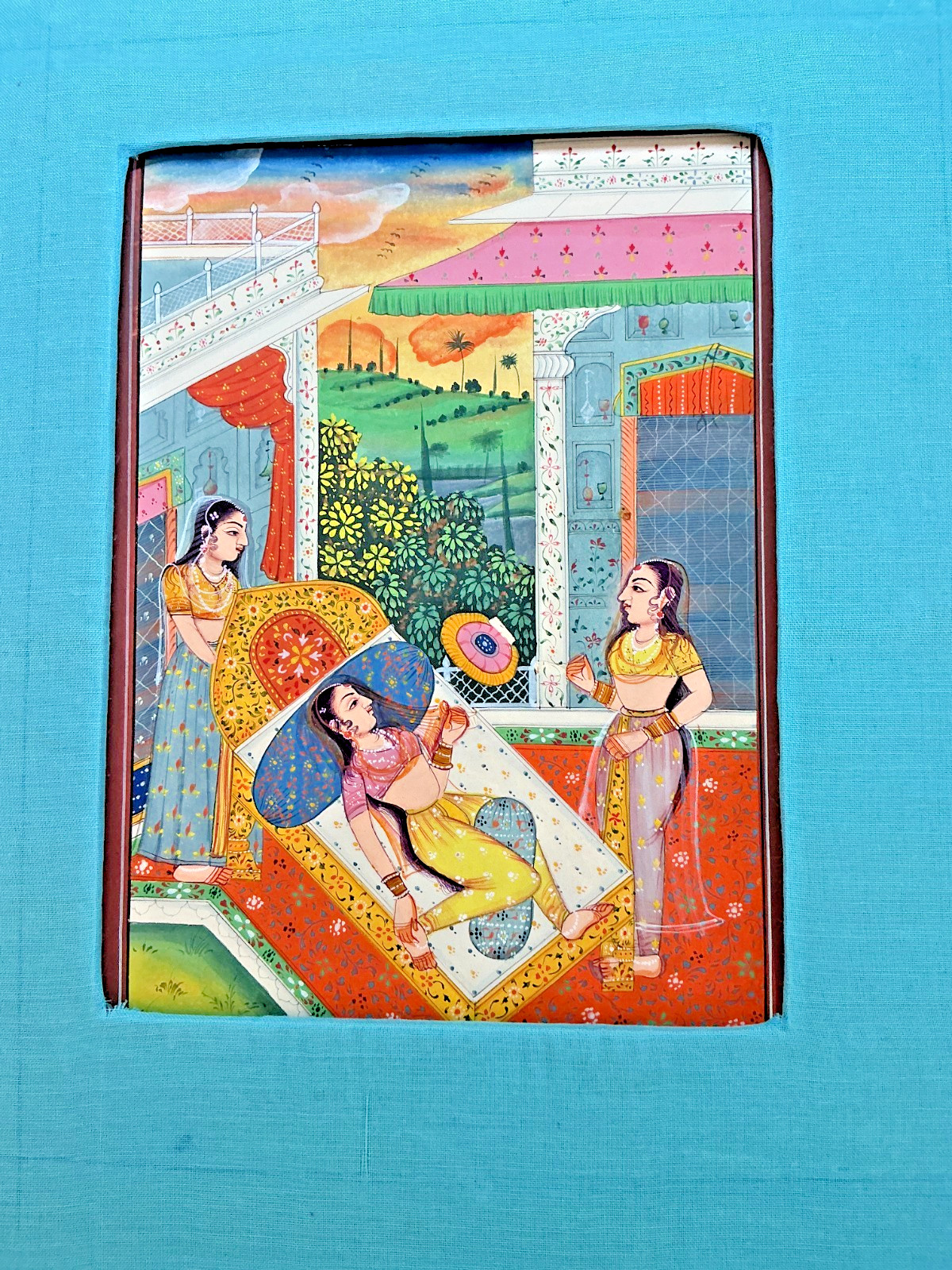 Rajasthani Miniature Noble Lady Reclining Attendants Palace c.1900 Watercolor