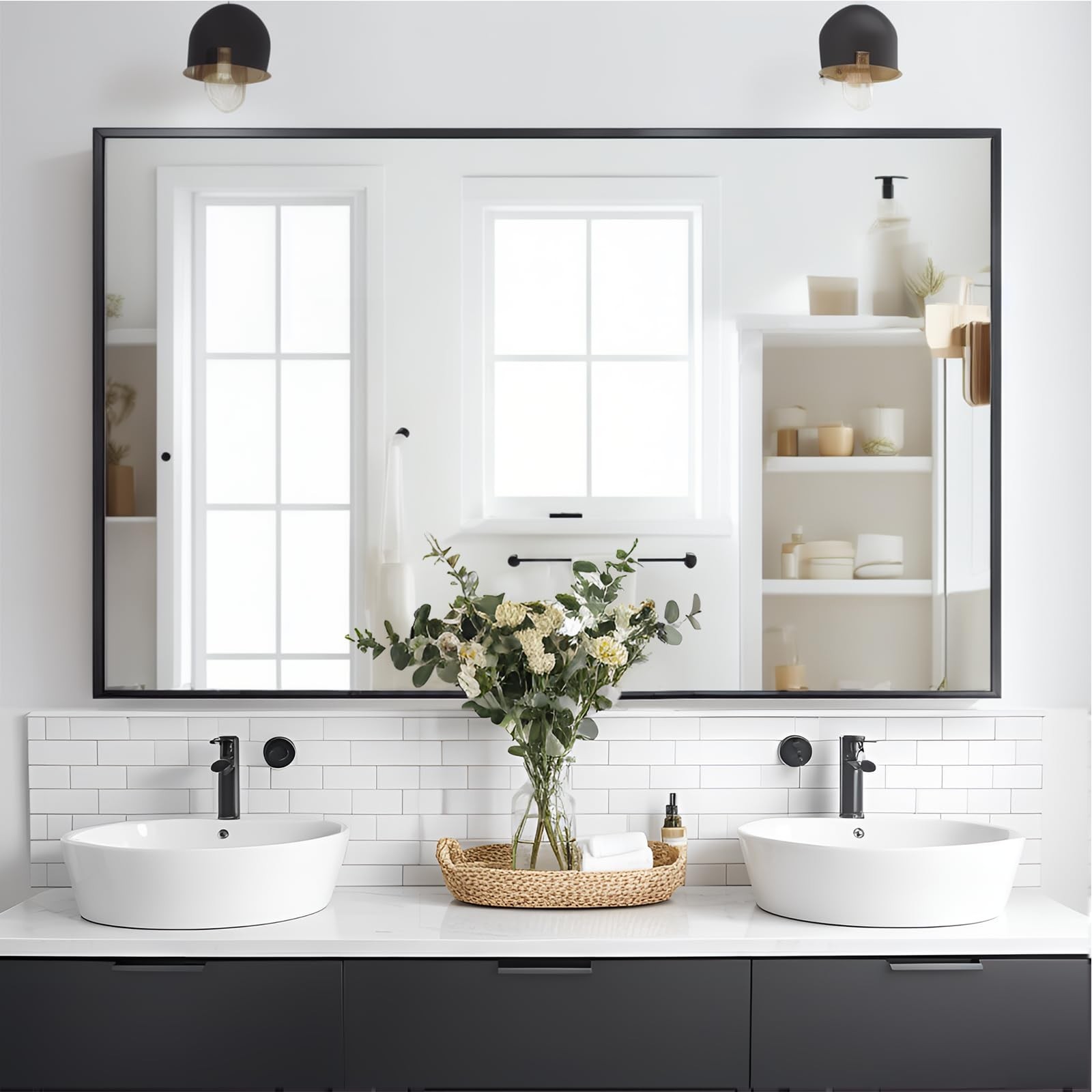 Bathroom Mirror 30×36 Inch, Black Frame Mirror 30″x36″, Rectangle Wall Mounte…