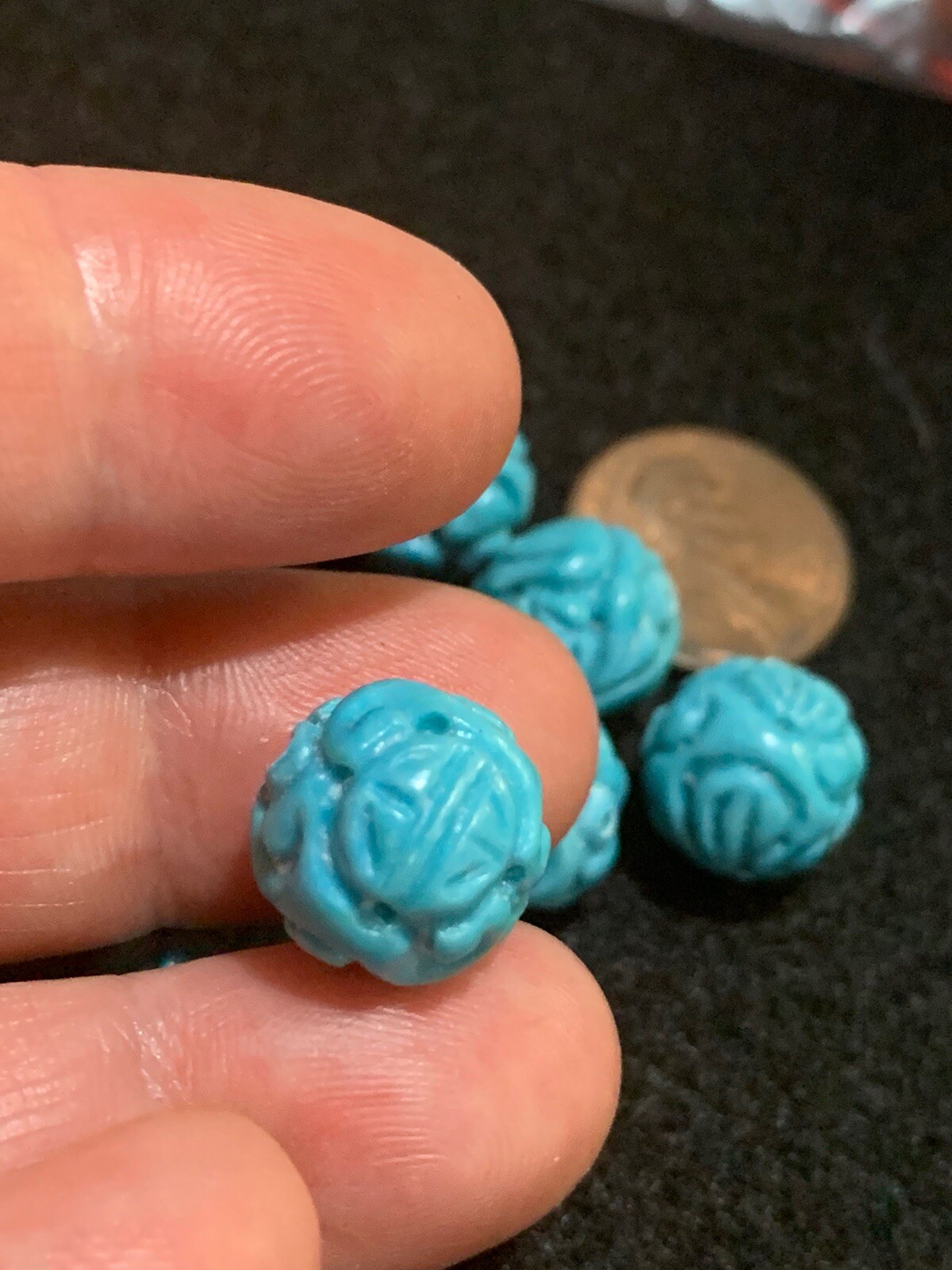 One Vintage Carved Chinese Bead Composite Turquoise Round, Shou 12mm Beautiful!