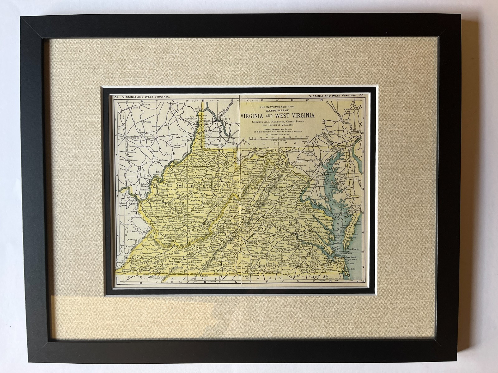 1898 VIRGINIA WEST VIRGINIA Map fm 1903 Crown Encyclopedia Lg Frame SEE DESCRIP