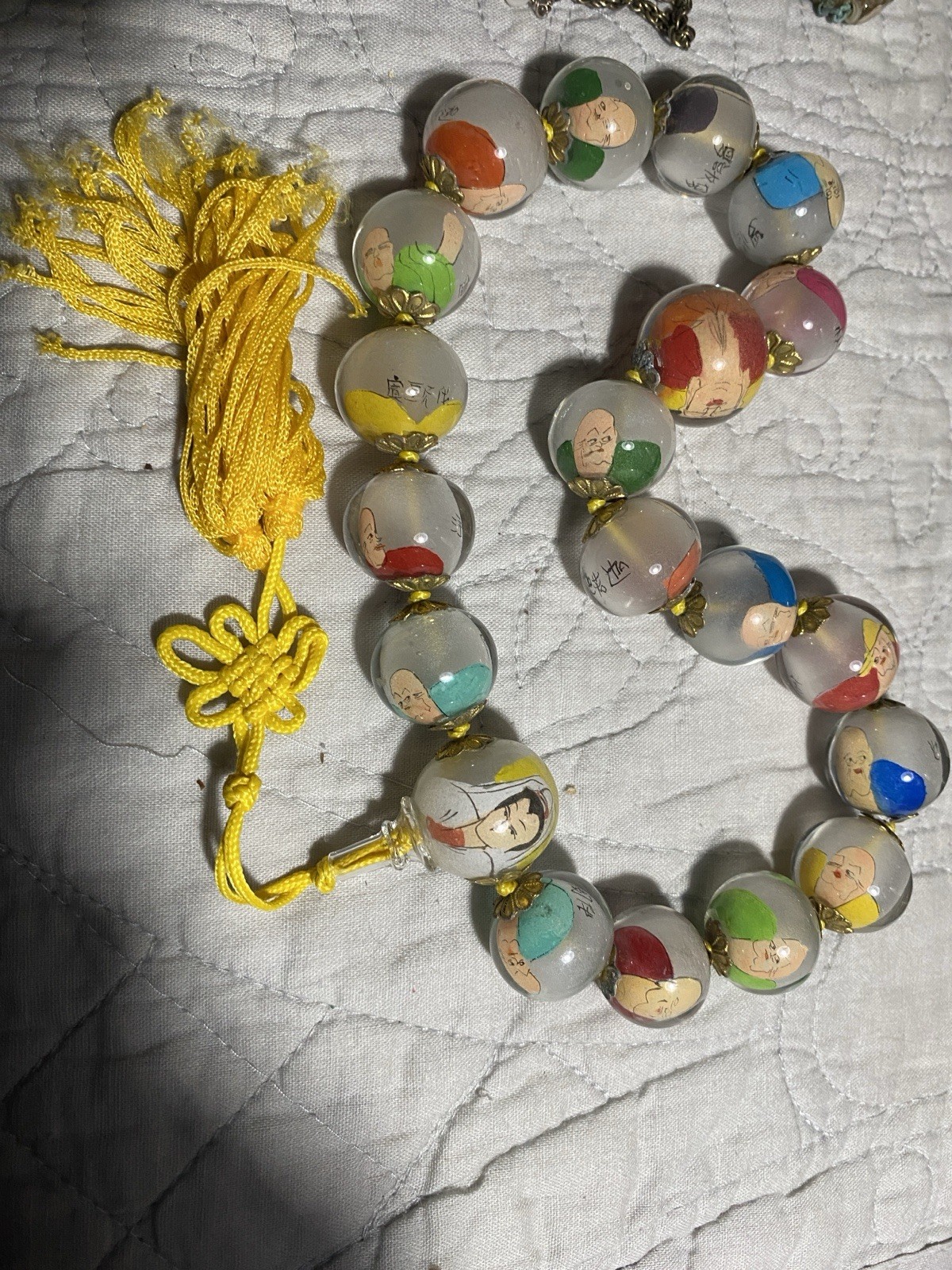 Vintage Chinese Sages Mini Portraits Reverse Painting Glass Bead Prayer