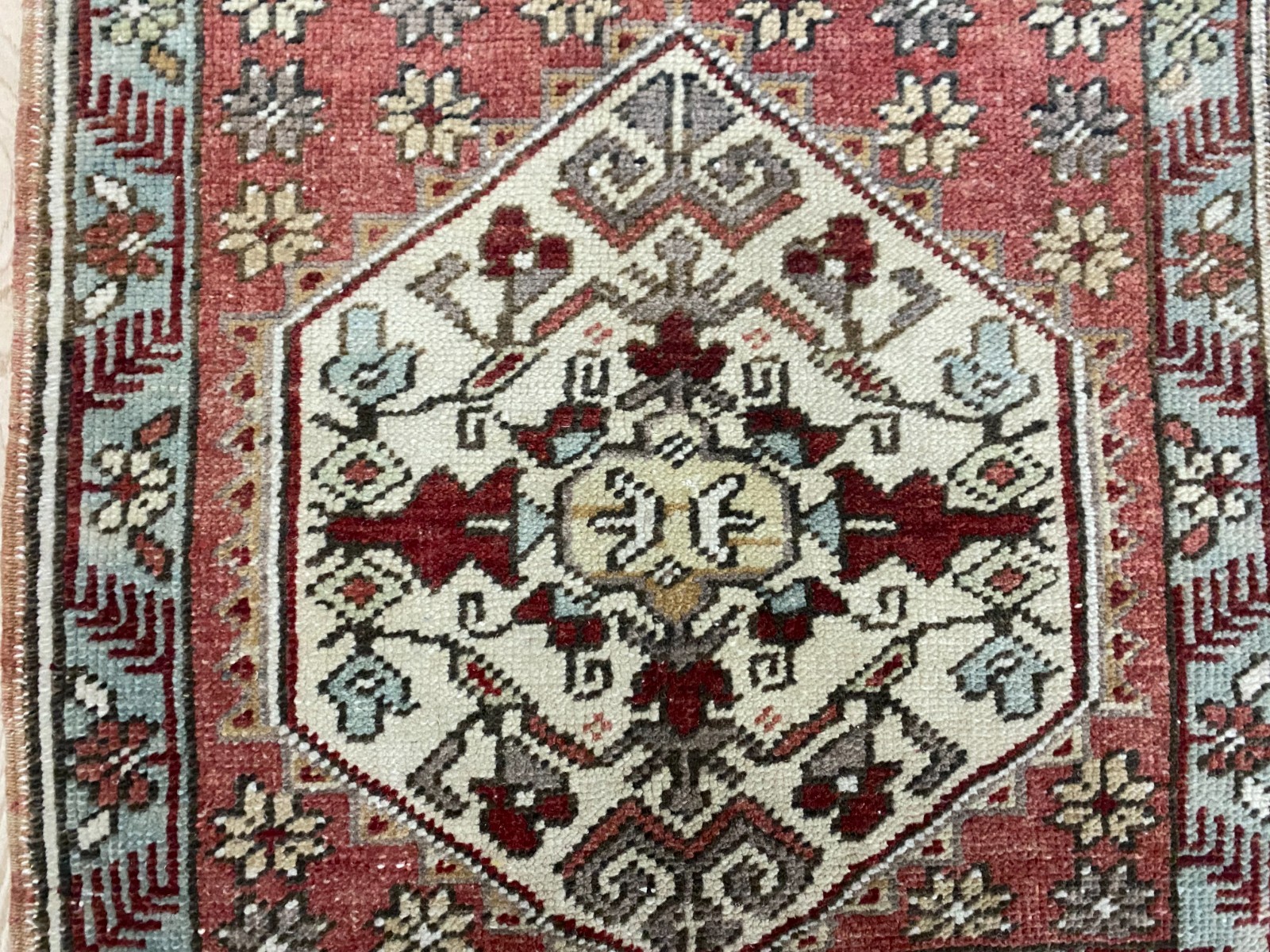 Handwoven Turkish Hexagon Medallion Rug Wool Square Red Carpet 1.7×1.8 ft