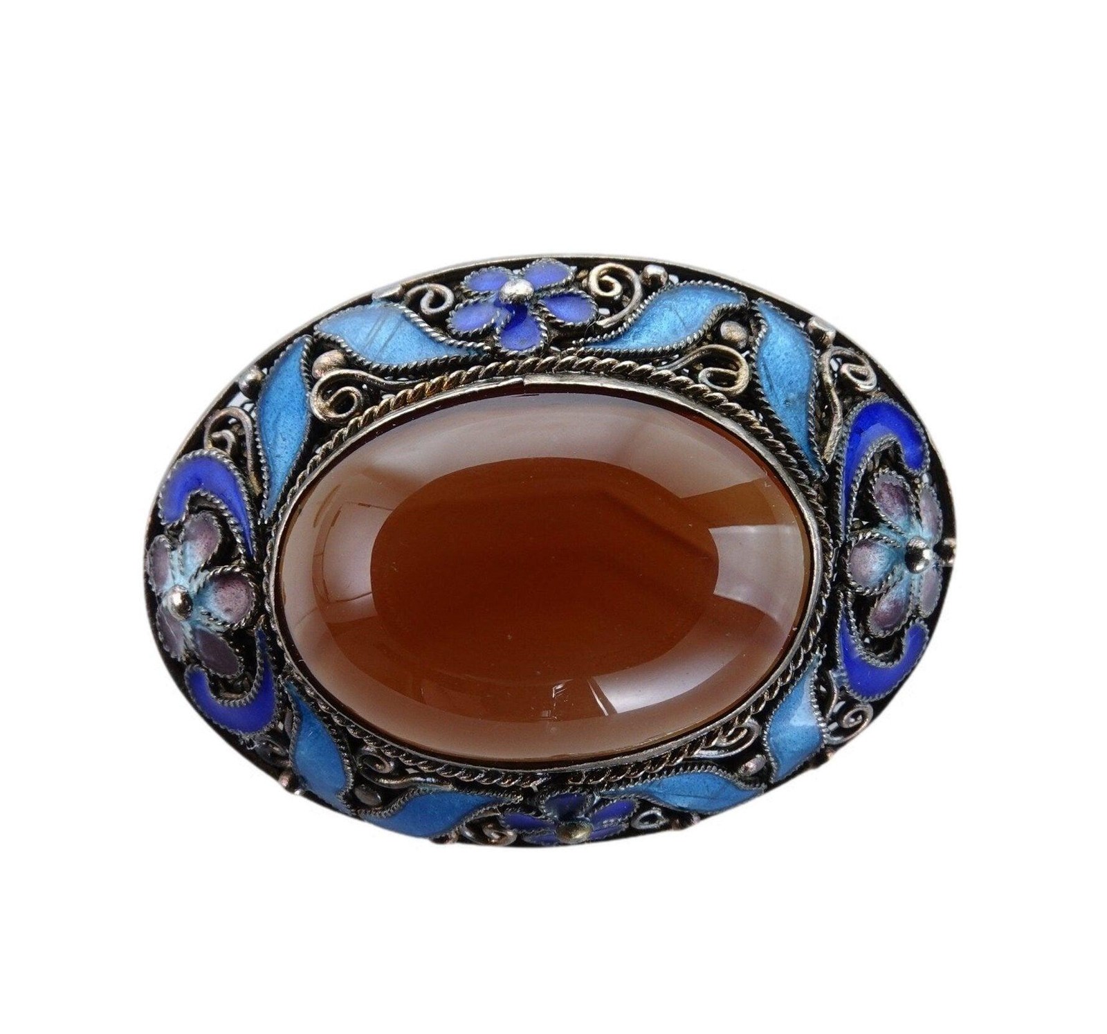 1930’s Chinese Sterling Silver Enamel Agate brooch pin