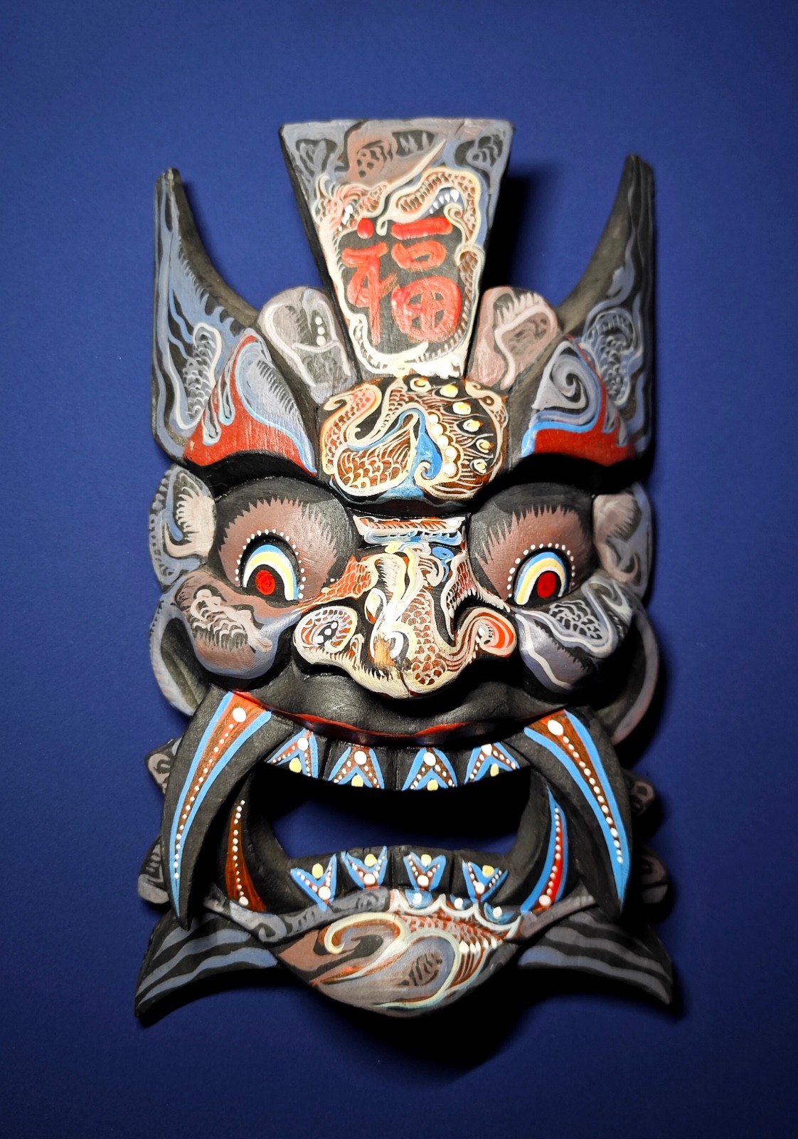 Antique Chinese Nuo Ritual Mask ,Bull Horns, Fierce Expression, Spirit Protect