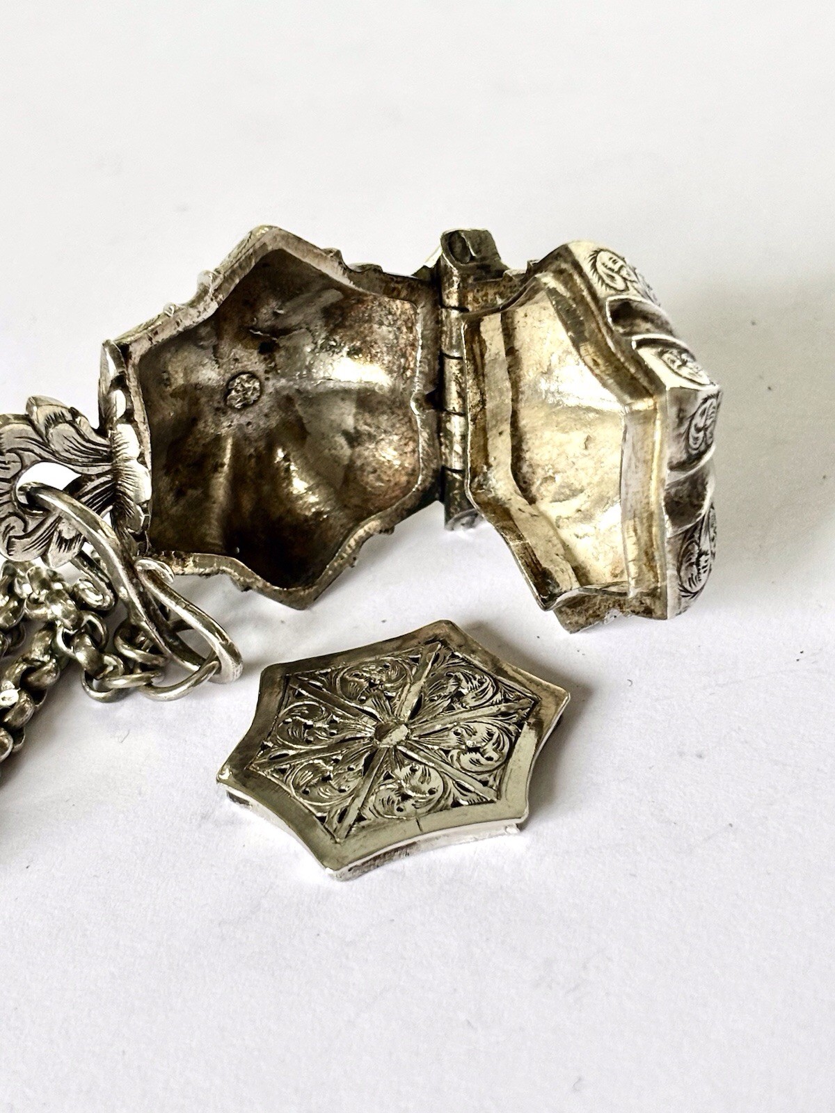 Antique Silver/ White Metal Chatelaine with Vinaigrette and 5 Hanging Tools