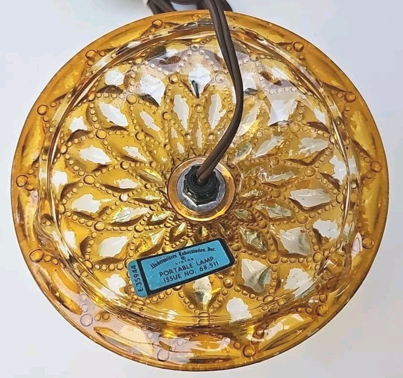 Vintage Mid Centurey Table Lamp, Orange Glass Base Metal Floral Glass Shade 12″