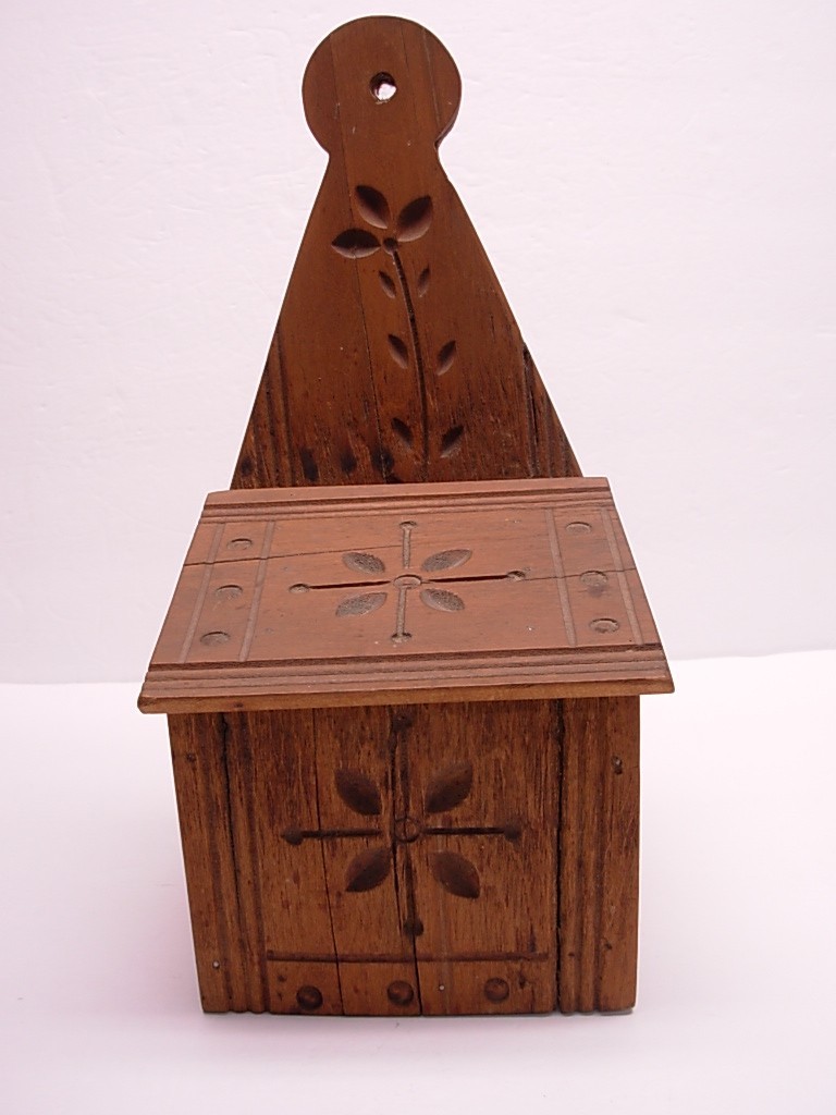 Vintage Primitive Wood Salt Box Decorative Carving Handmade Hang or Sit