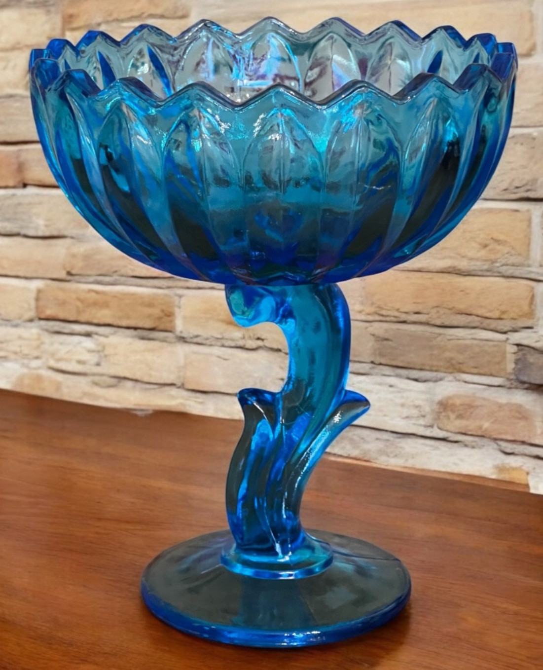 Vintage Turquoise Blue UV Reactive Footed Flower Bowl GLOWS!