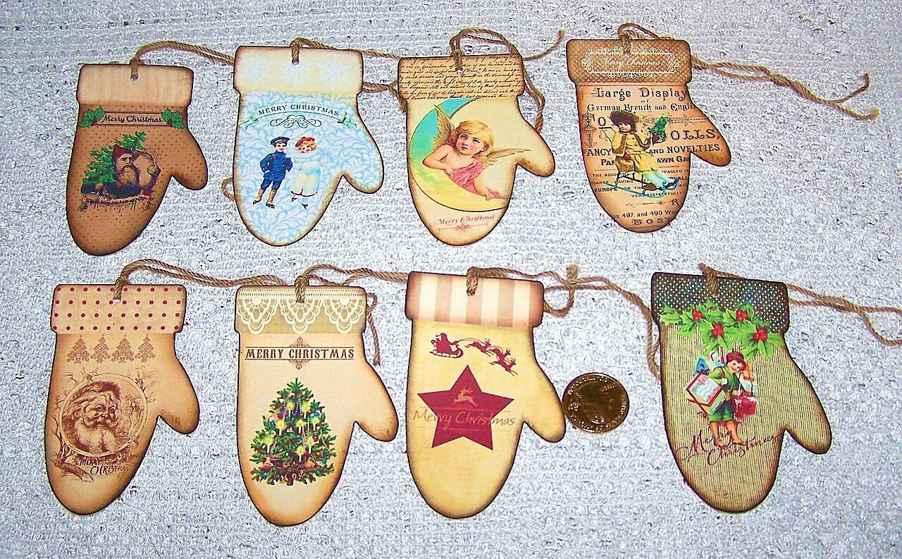 6~Christmas~Vintage~Mitten~Santa~Kids~Linen Cardstock~Gift~Hang~Tags~Ornaments