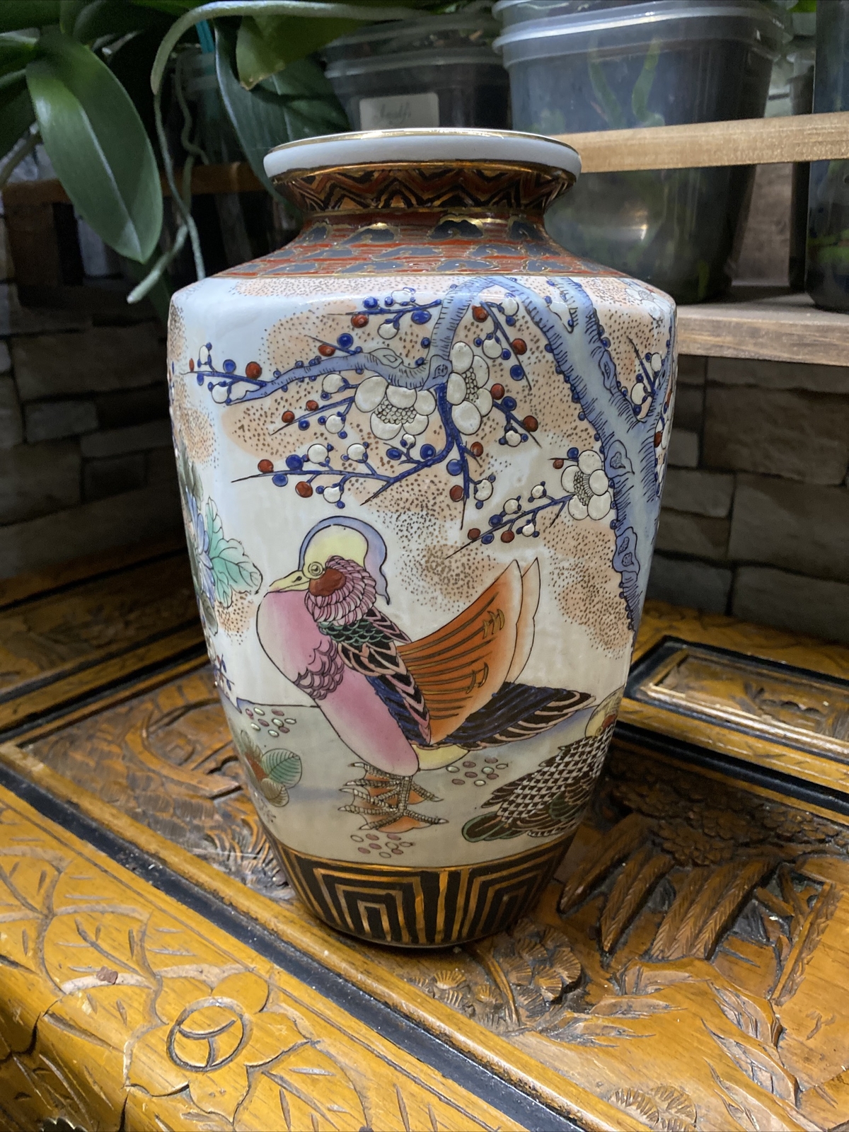 Vintage Porcelain Vase Ducks and Flowers by H.F.P Macau