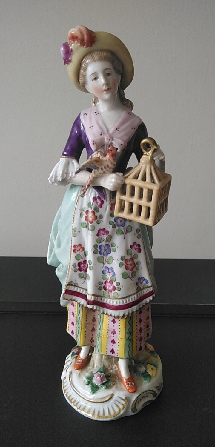 Sitzendorf / Höechst Figurine of a Woman With Bird and Cage, c. 1890