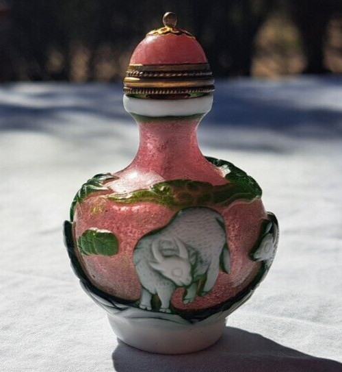 Antique Snuff bottle Watermelon pink glass with green & white overlay 2.5 x 2.5