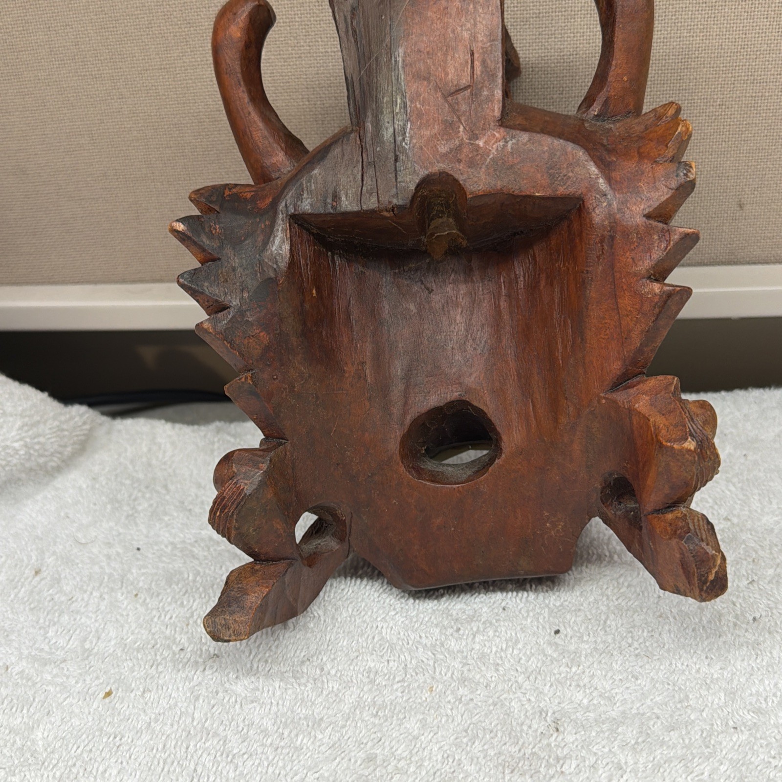 Antique SE Asian Naga Hand Carved Wood Demon Face Intricate Details 7” X 5”