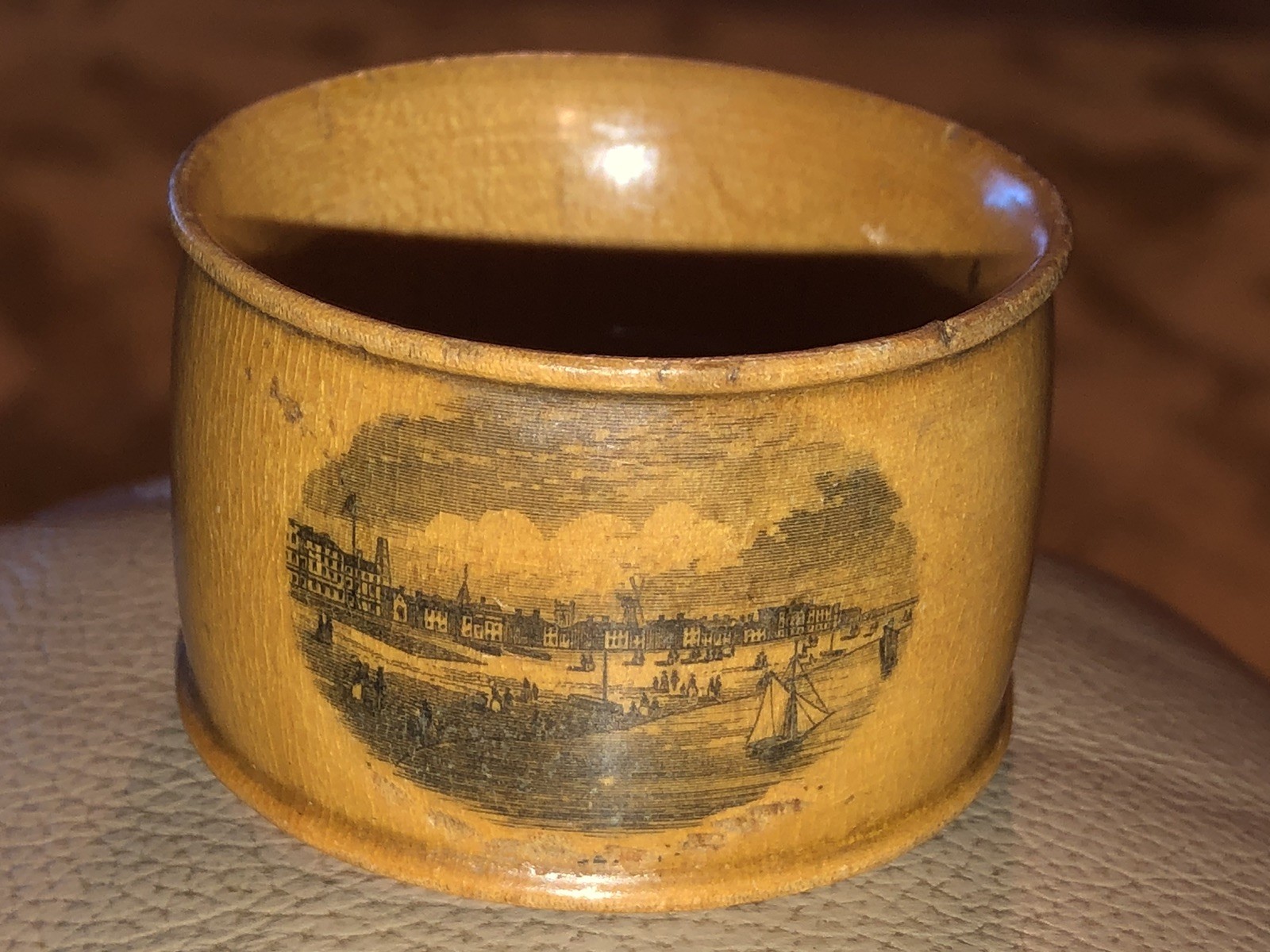 Antique Mauchline Ware Wooden Treen Souvenir Napkin Ring Harbour Sailing Ship
