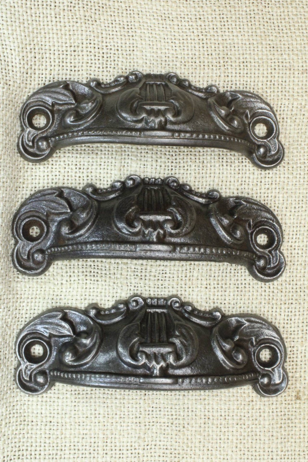 3 Old Bin Drawer Pulls Handles 4 1/4” Lyre Harp Ferns Cast Iron Vintage 1880’s