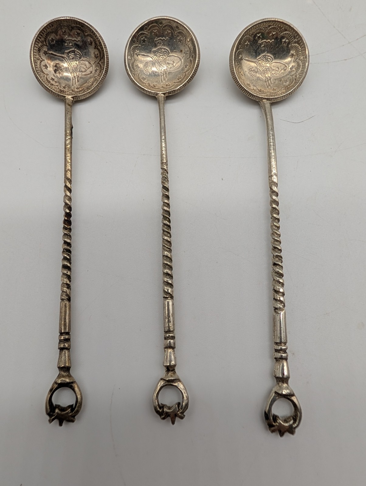 Antique Lot 3 Ottoman Silver Sherbet Spoons Coin Bowls w/ Tughra & Star