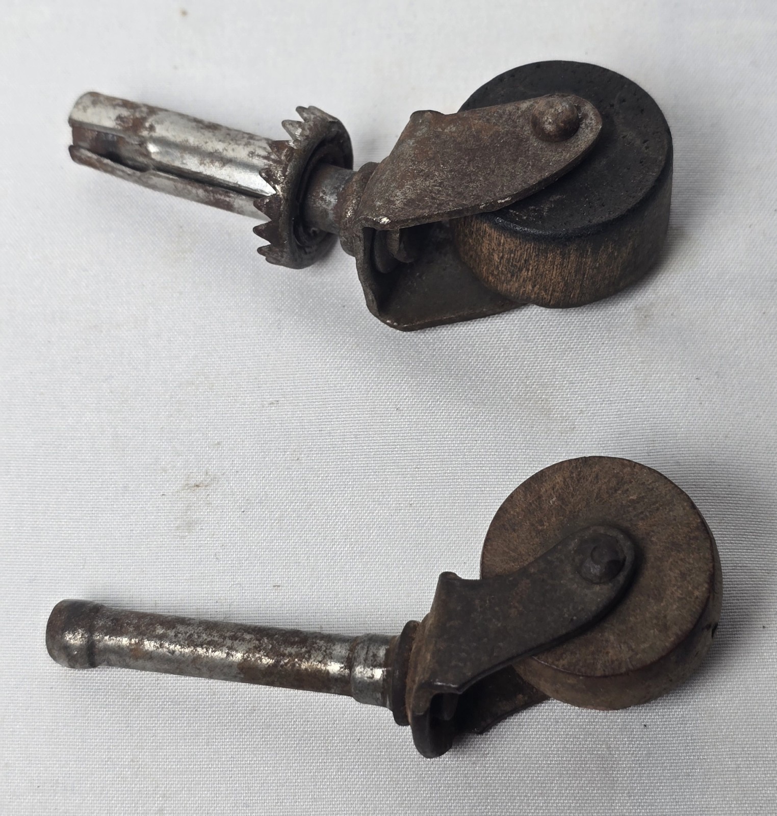 Lot of 2 Antique Wood Wheel Furniture Casters – Stem Mount – Furniture Restore