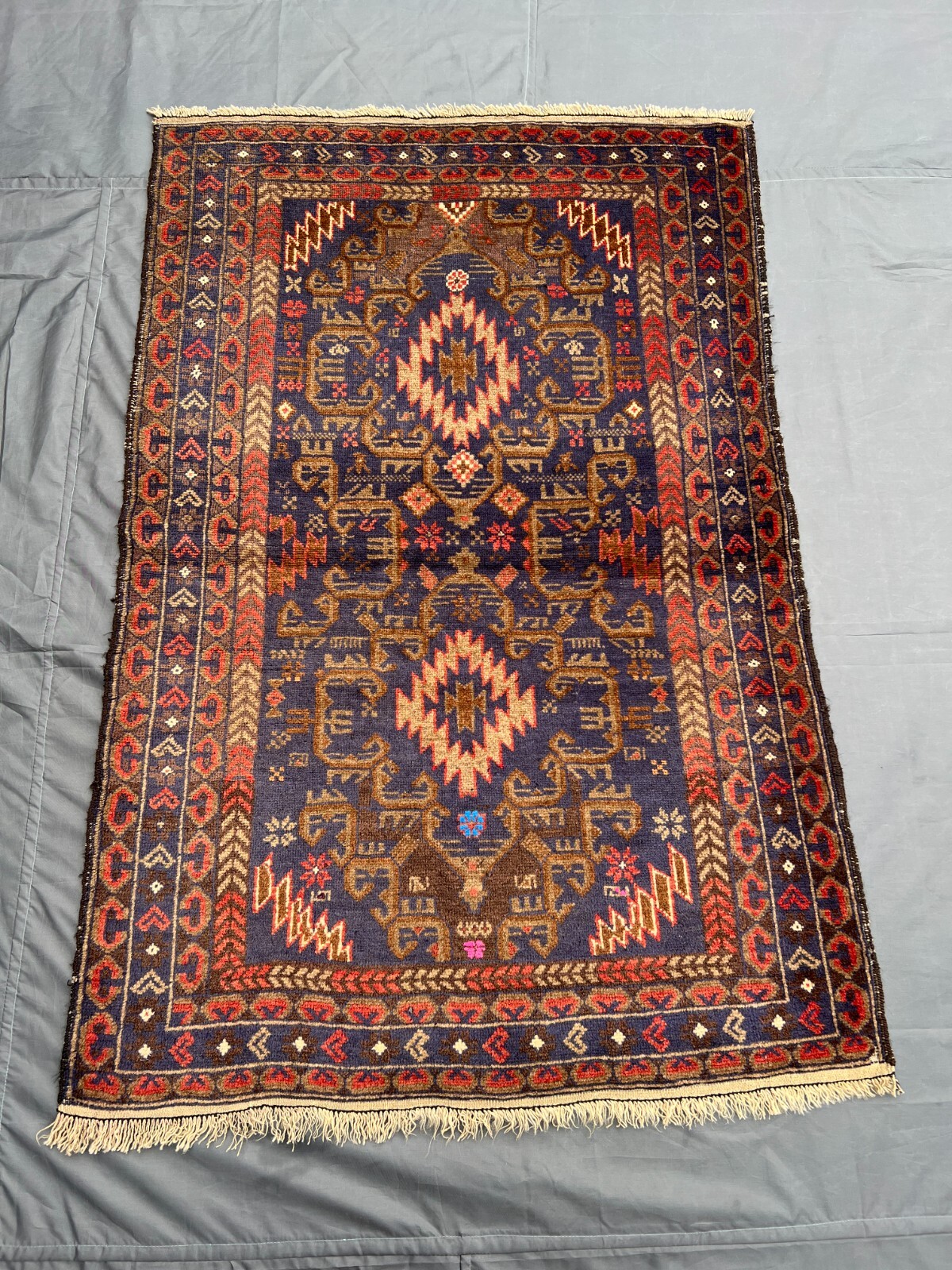 Vintage Afghan Baluchi Rug 3×4’8 ft – Handmade Tribal Wool Carpet Dark Blue Red