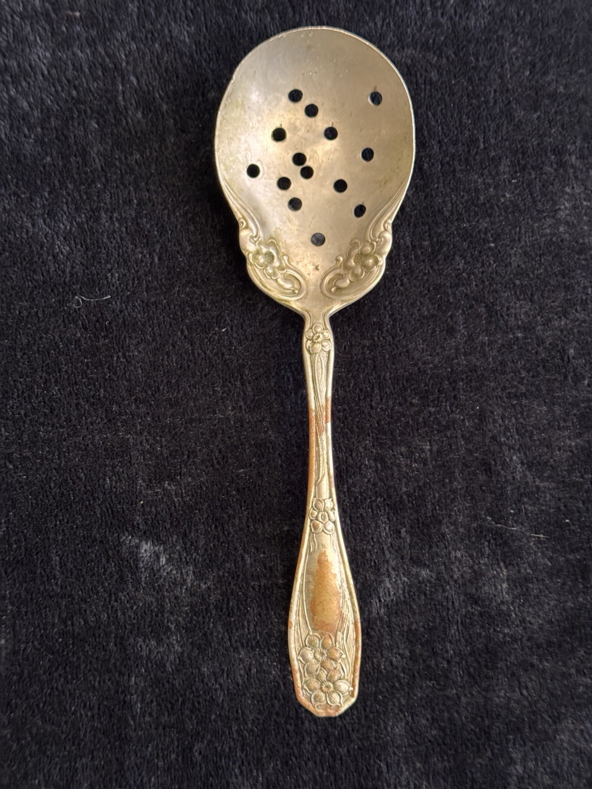 Antique Pierced Berry Spoon “SOLID NICKEL SILVER” Victorian Floral Server 9.5″