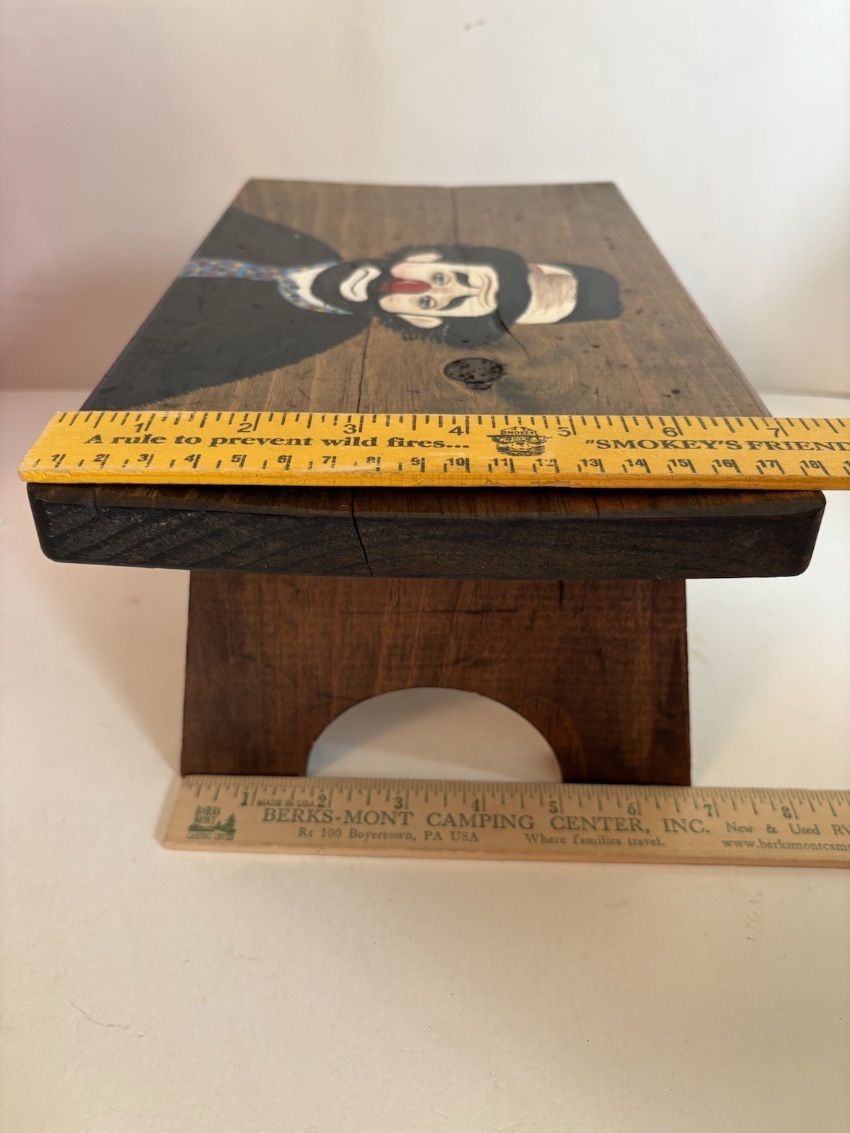 Small Hand Crafted Wood Bench Stool Doll Toy- Painted Clown SignedBy Jean Birch